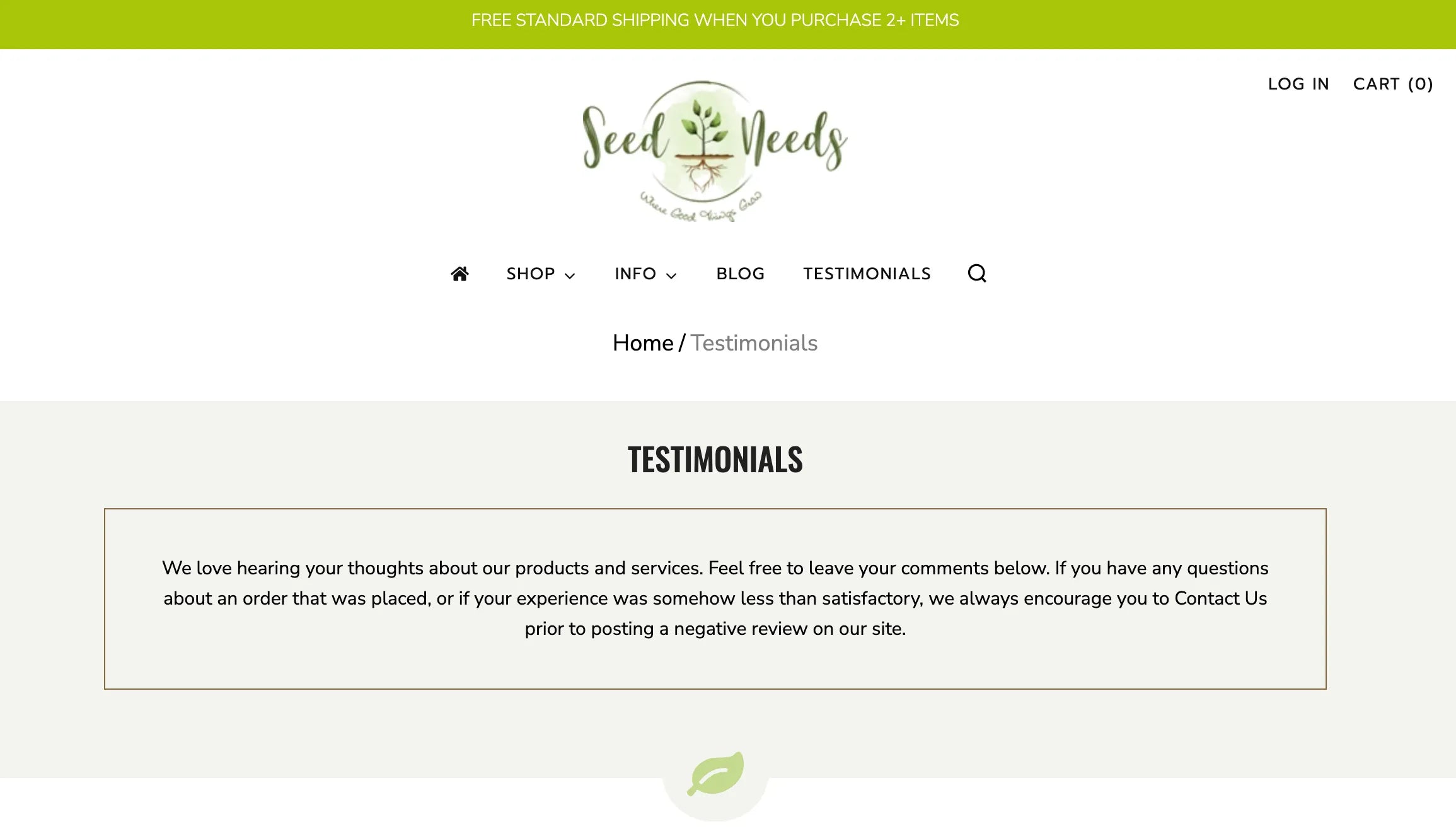 Página de testimonios de Seed Needs