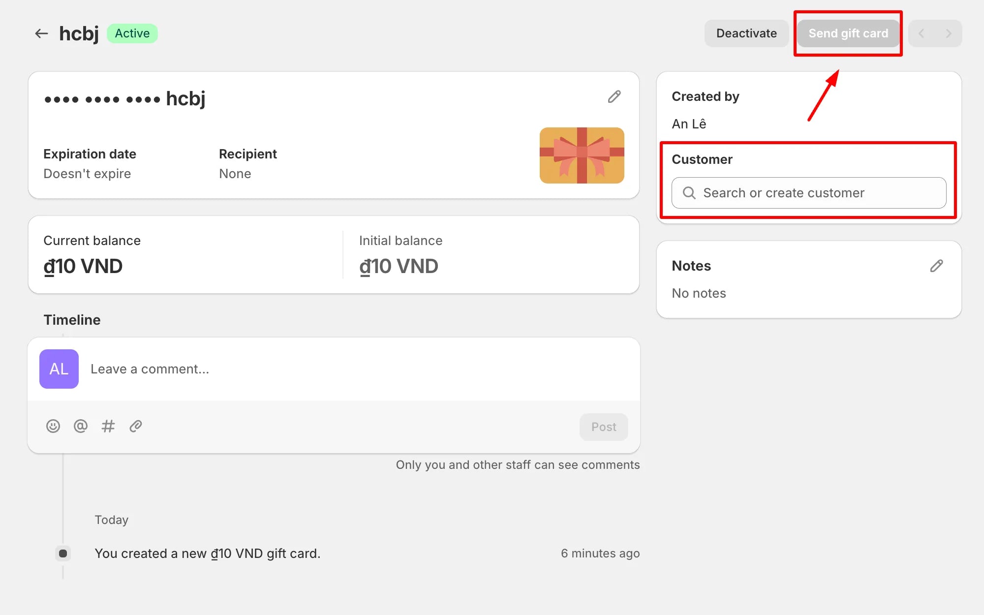 Seleccione el nombre del cliente y envíe la tarjeta de regalo de Shopify