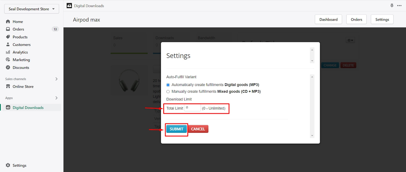 Sell eBooks on Shopify - Set the total limit download