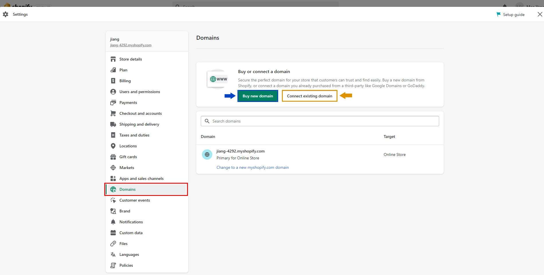 Shopify’s setting for domains