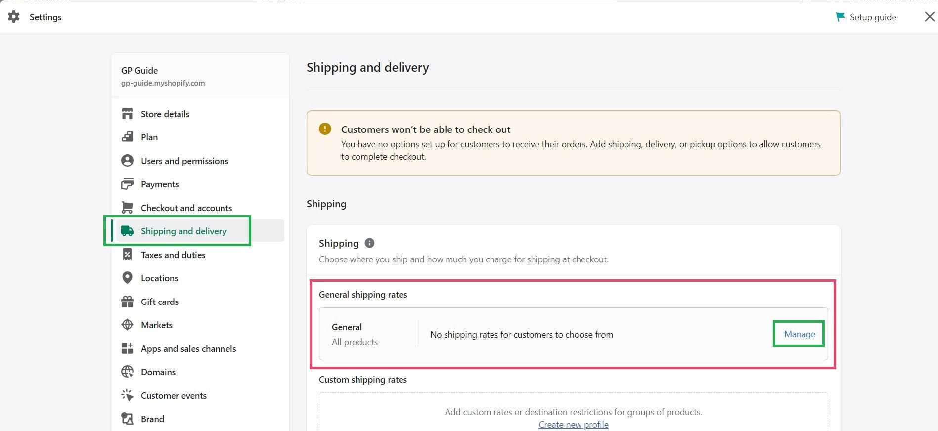 Shopify admin - Shipping and delivery settings