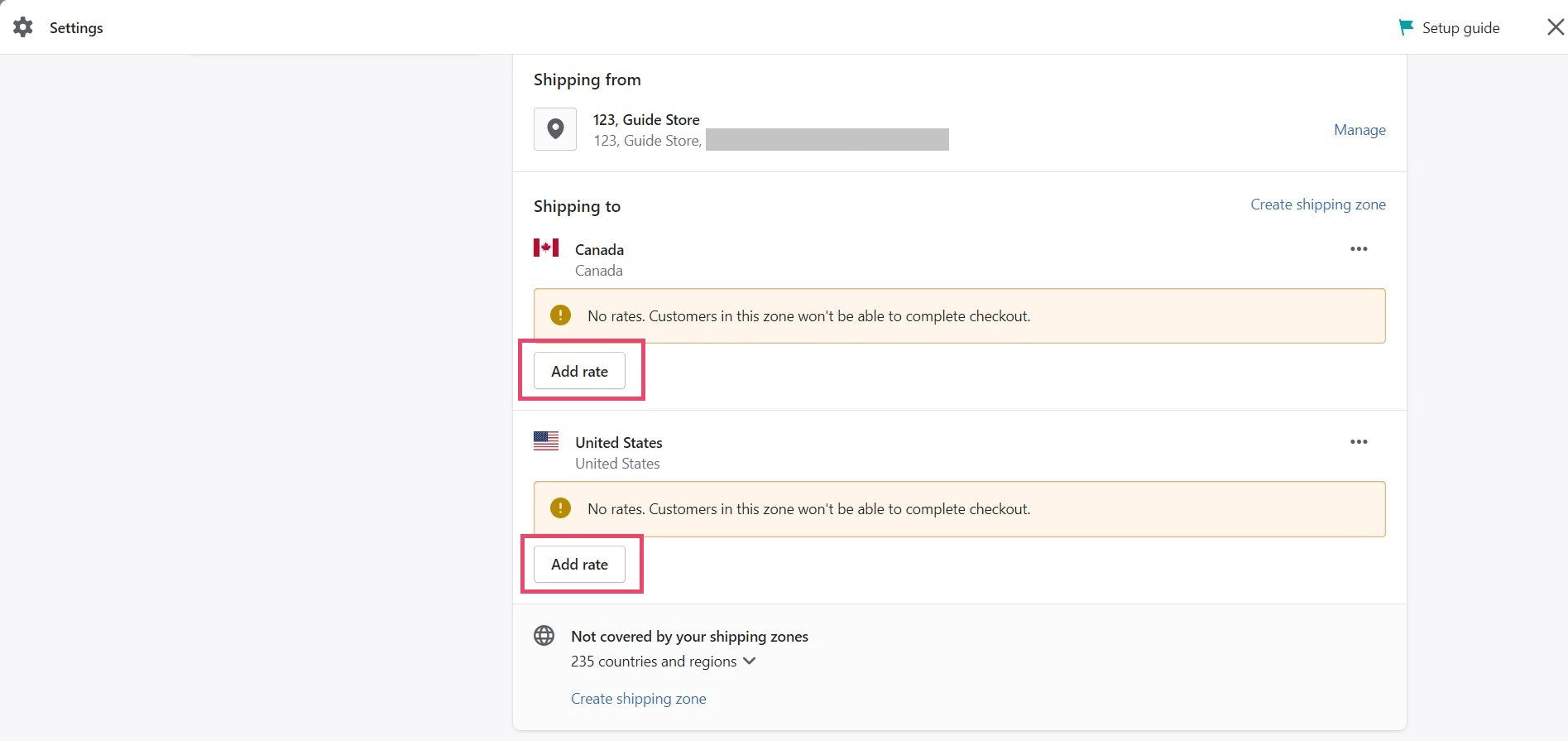 Shopify admin - Shipping rate settings