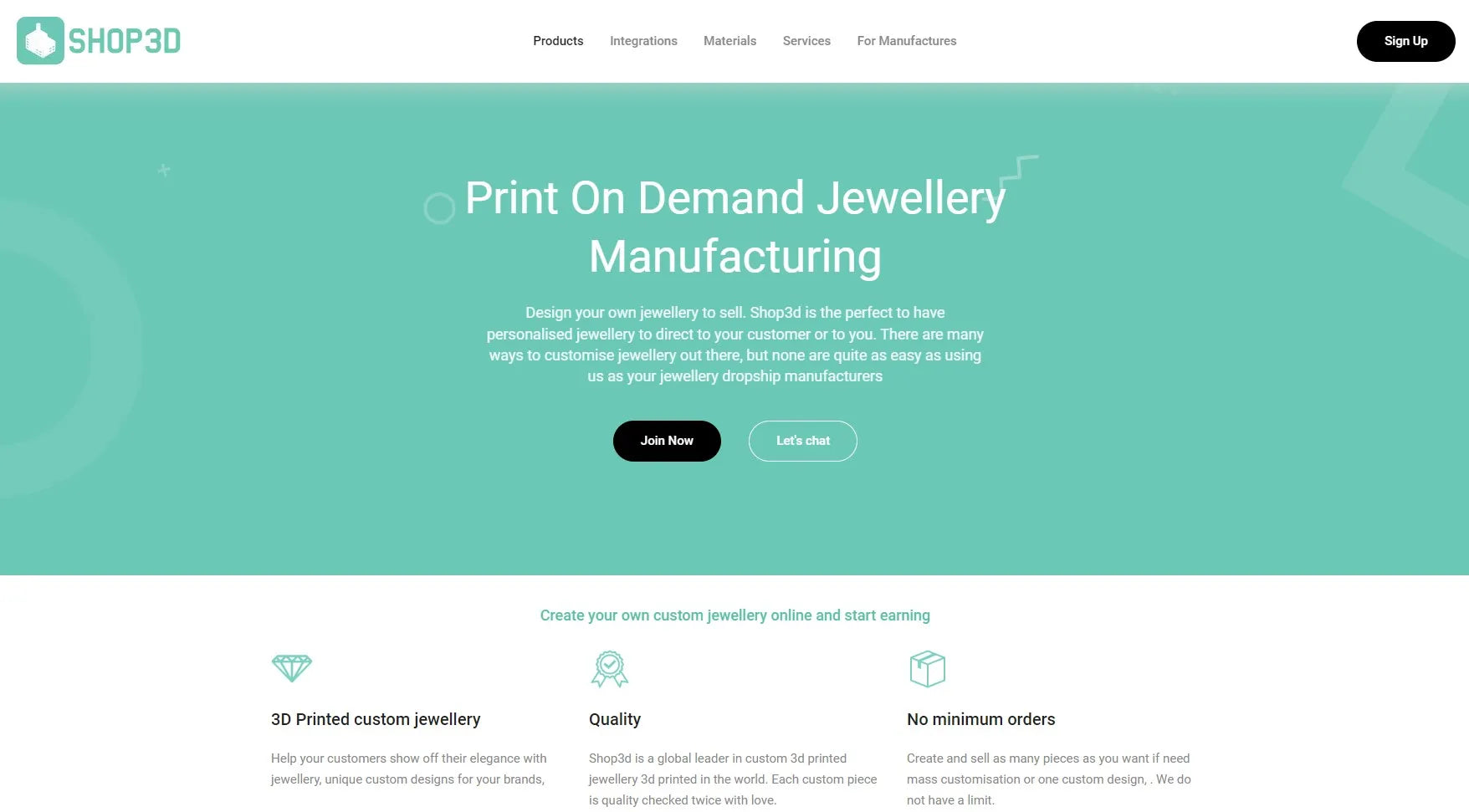 Shop3D’s print on demand jewelry page