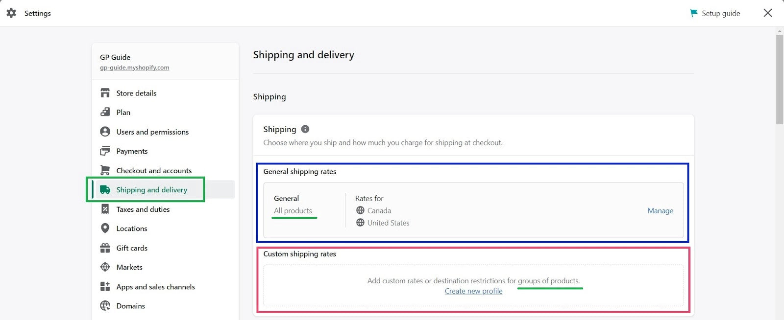 Shopify admin - Shipping and delivery settings