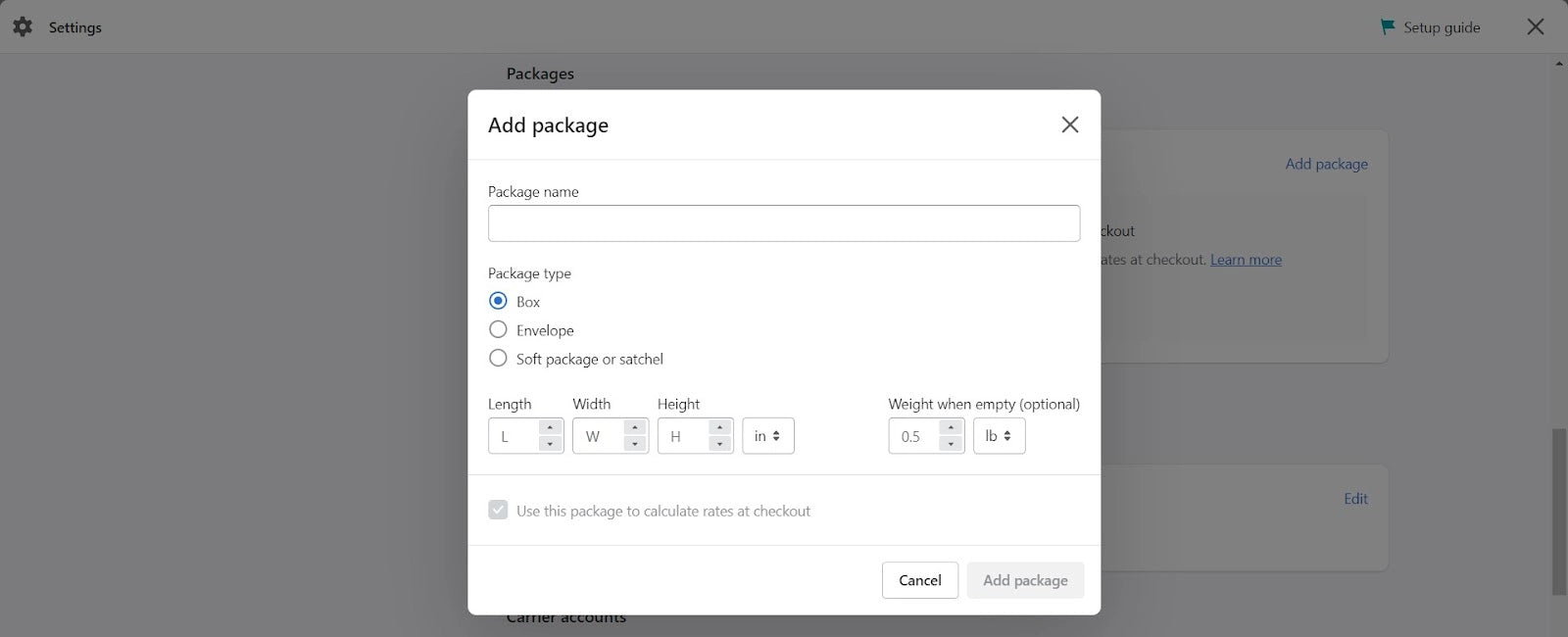 Shopify Shipping and delivery settings - Packages