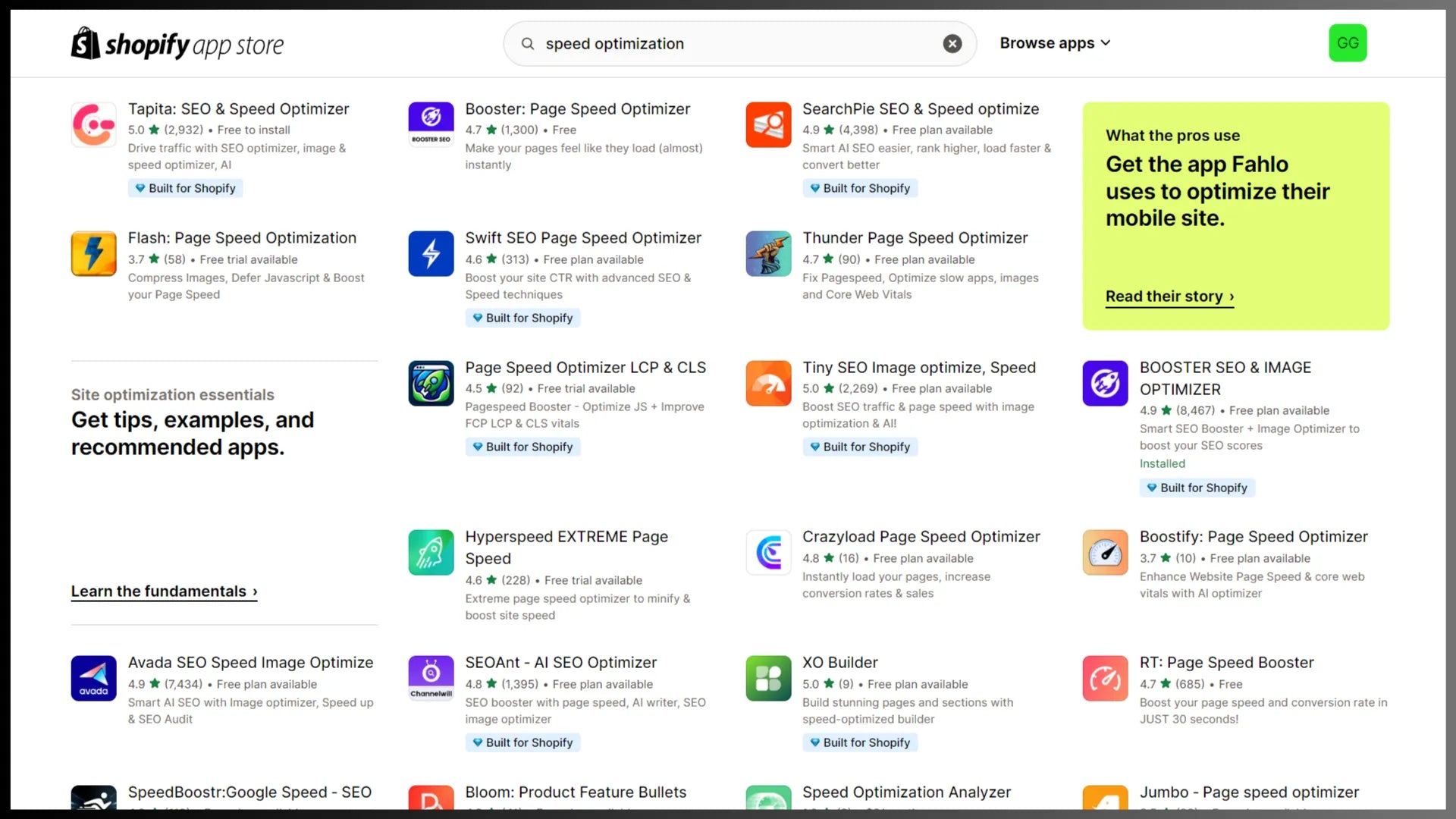 Speed optimization apps in the Shopify App Store