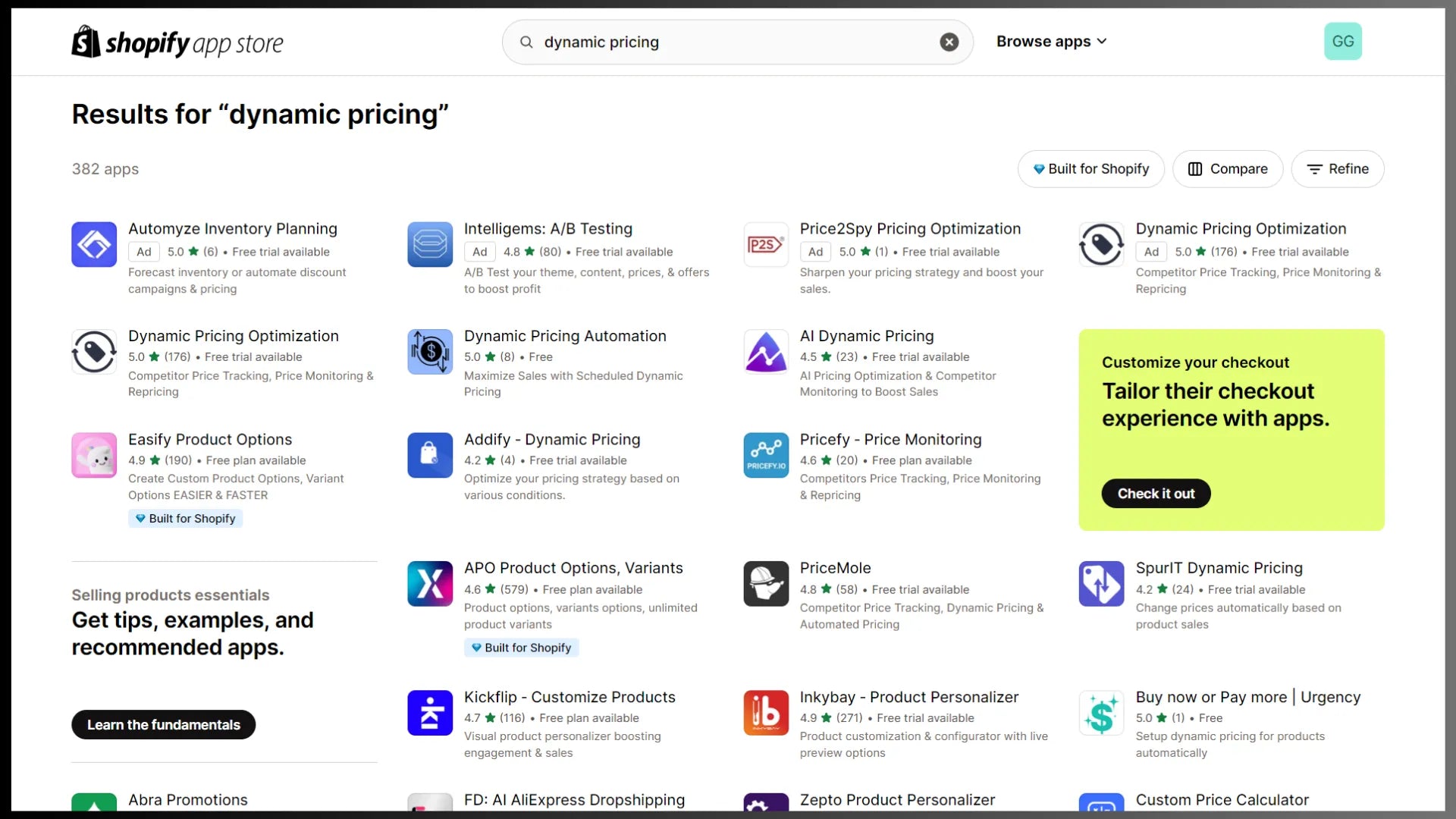 Shopify App Store displaying apps for dynamic pricing