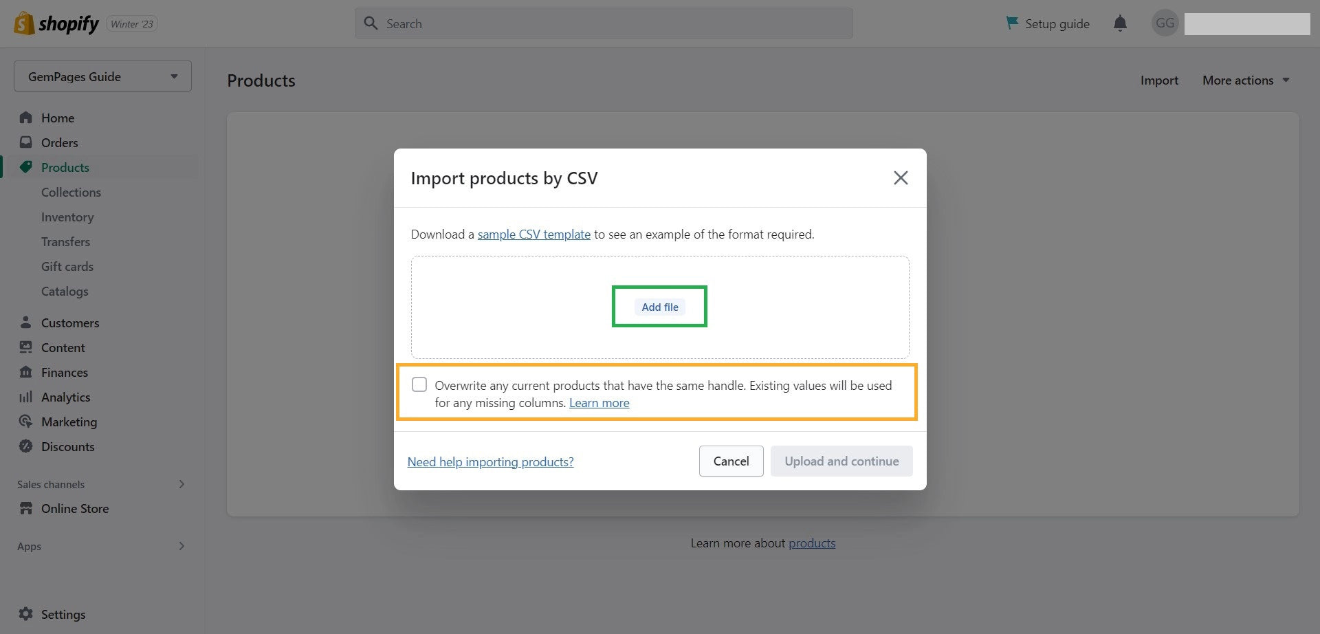 Products tab in Shopify Admin
