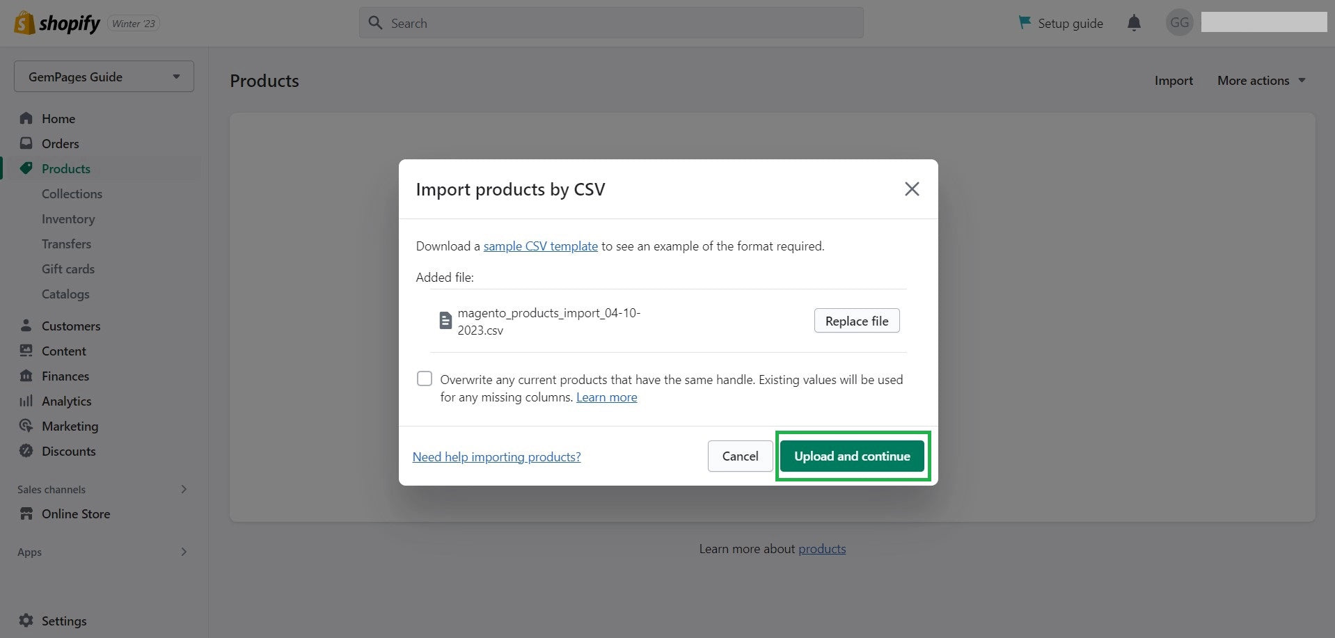 Products tab in Shopify Admin