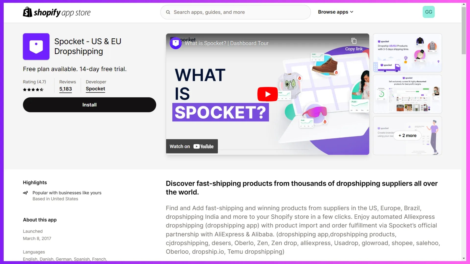 Spocket ‑ US & EU Dropshipping app in Shopify App Store