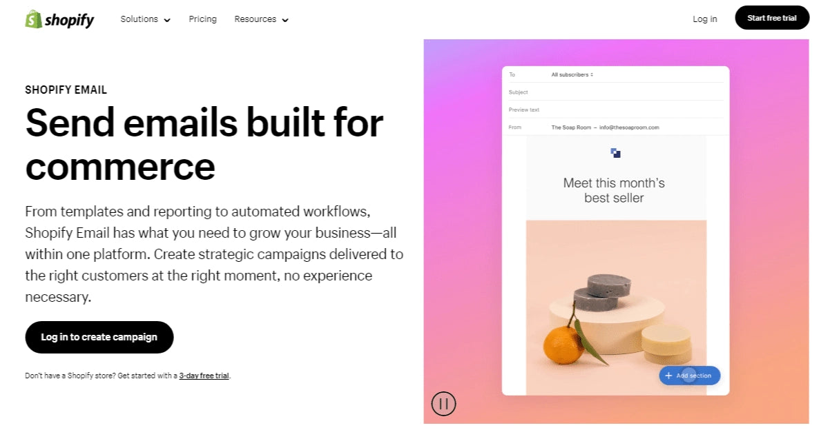 Screenshot of Shopify Email’s landing page.
