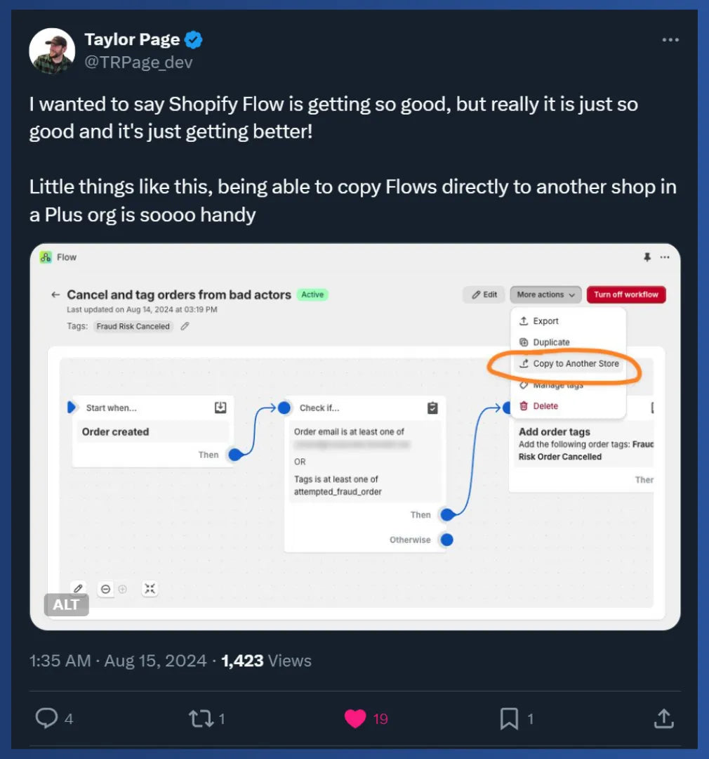 X post about Shopify Flow by Taylor Page
