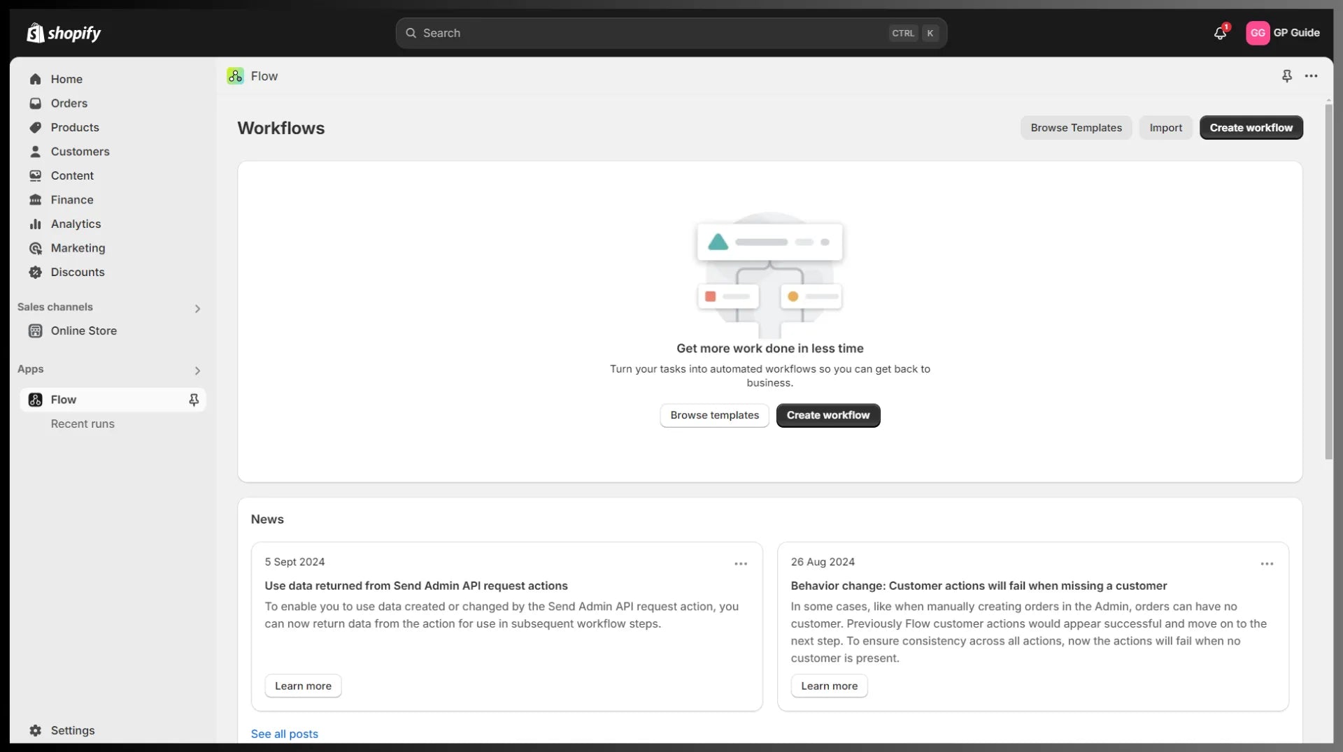 Shopify Flow dashboard in Shopify admin