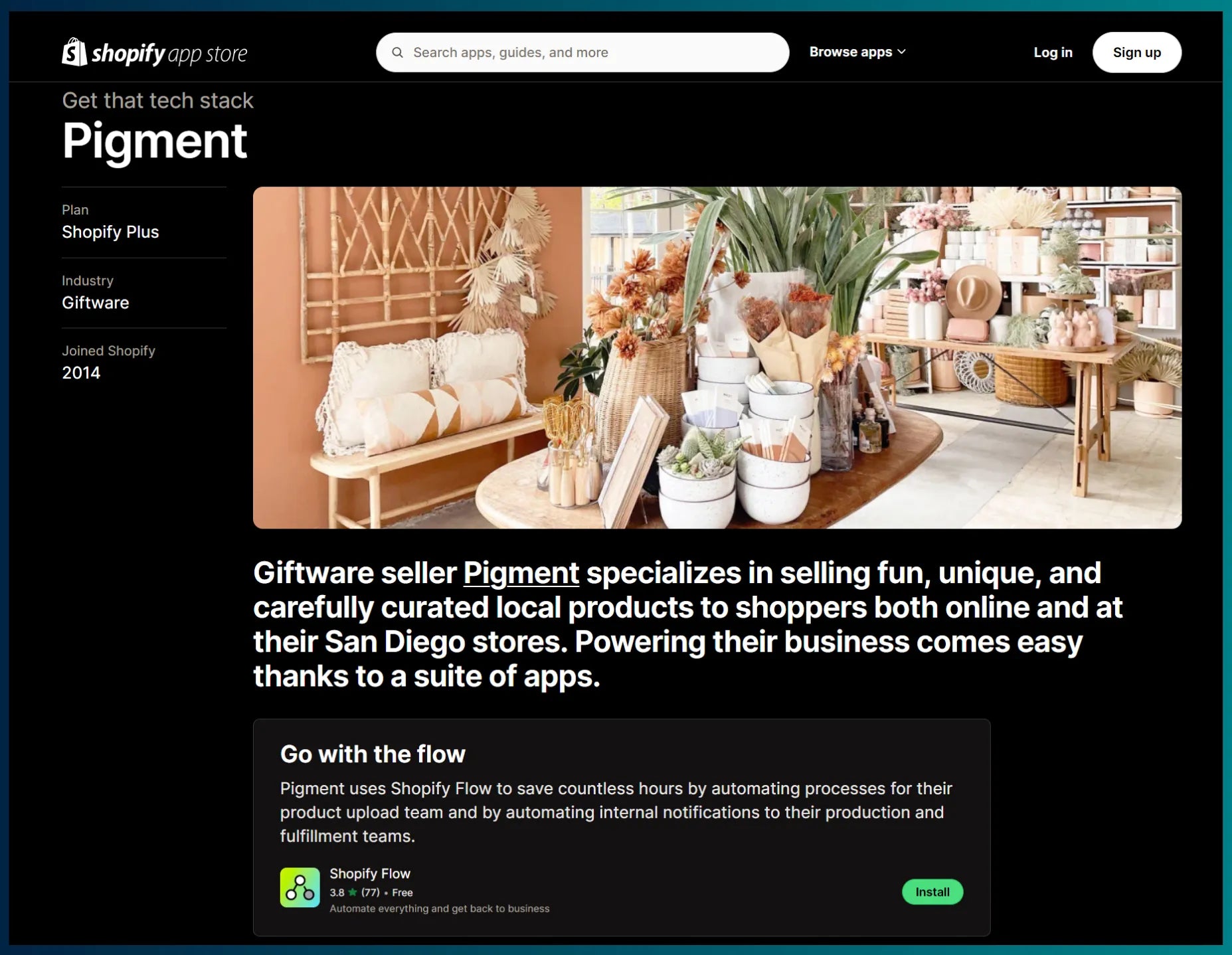 Shopify App Store sharing about Pigment using Shopify Flow