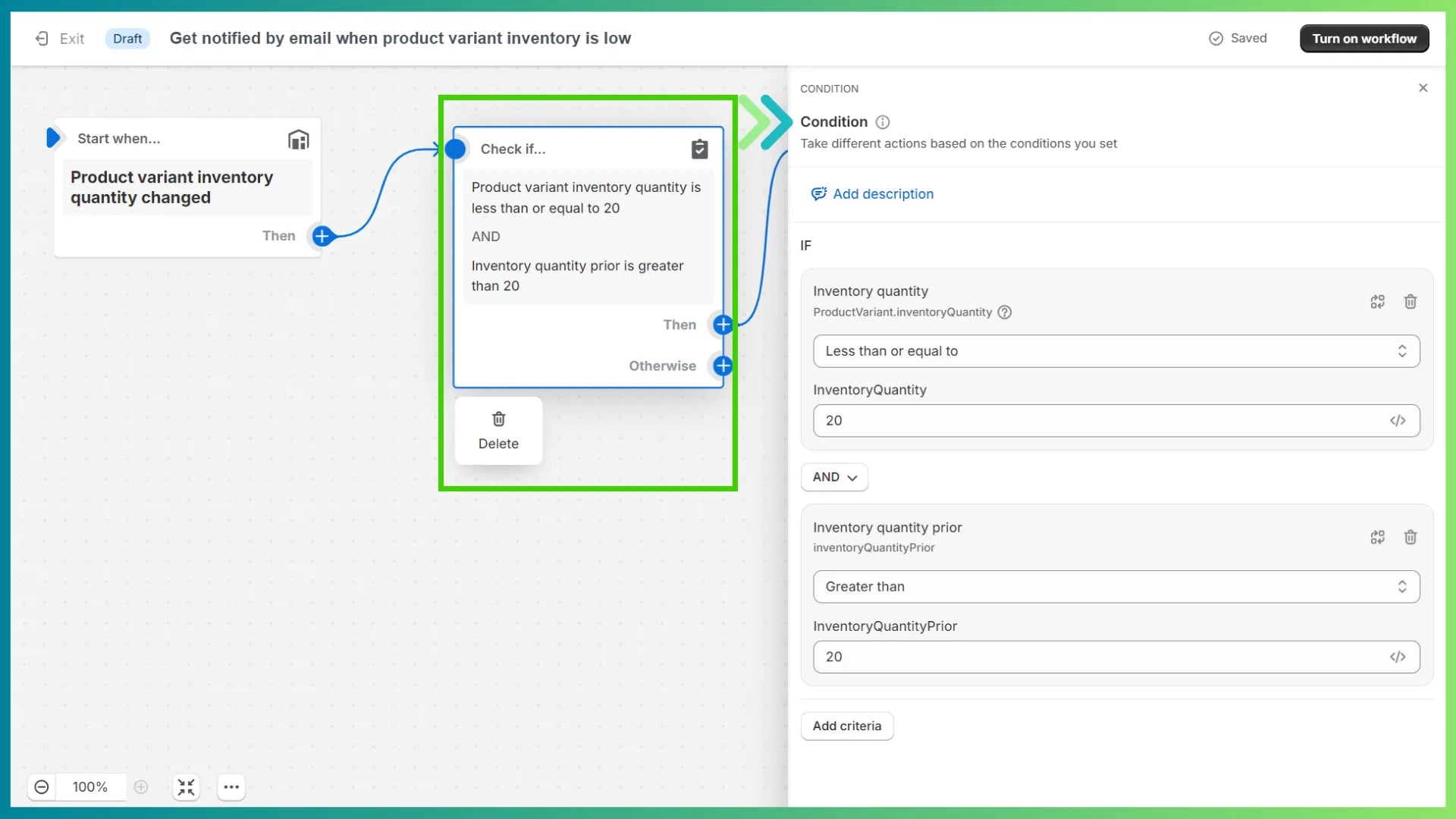 Low inventory template in Shopify Flow