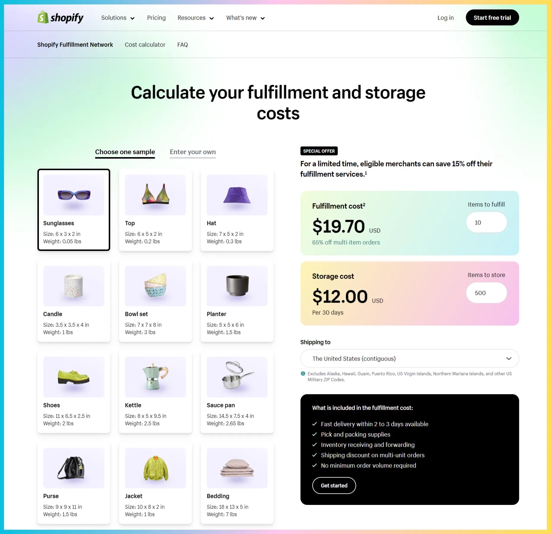 Shopify Fulfillment Network - cost calculator