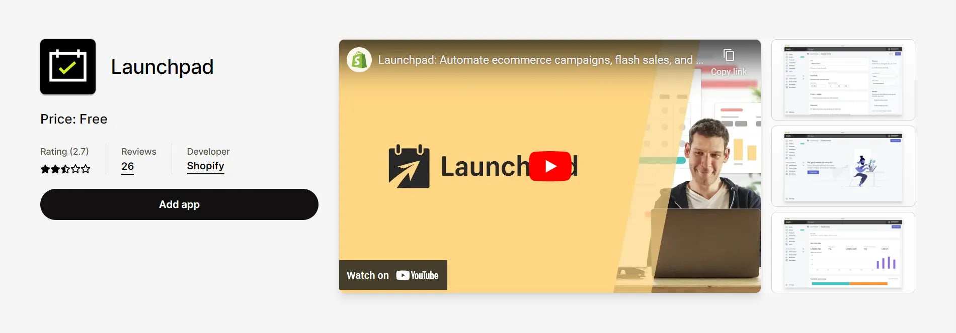Captura de pantalla de la aplicación Shopify Launchpad.