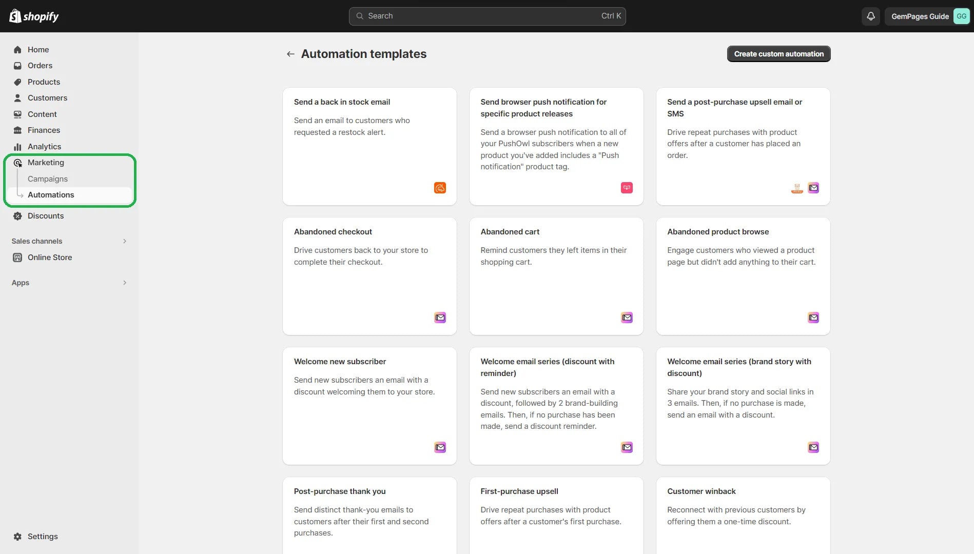 Marketing automations in Shopify admin