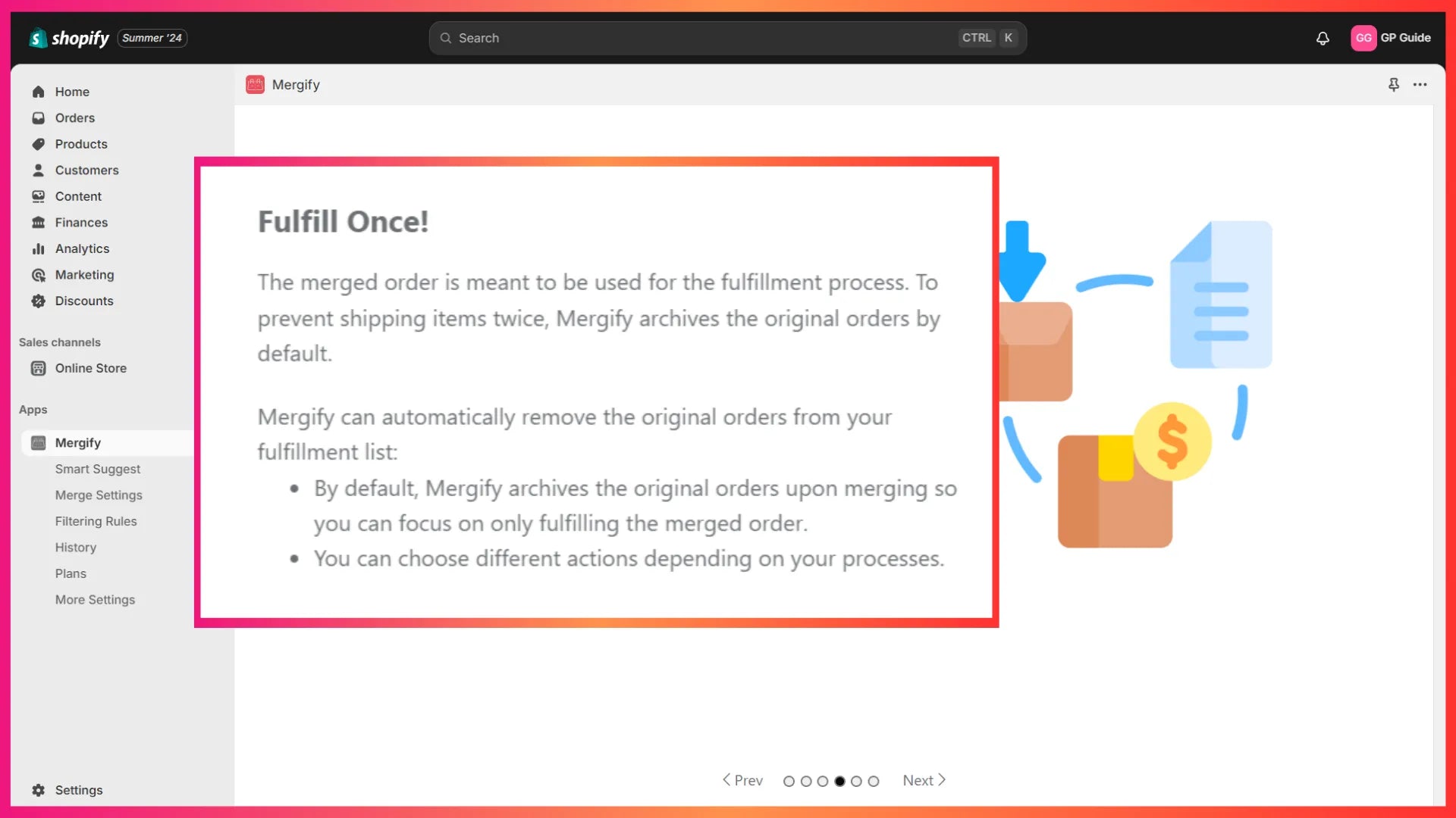 Shopify 管理中心中的 Mergify 应用入门流程