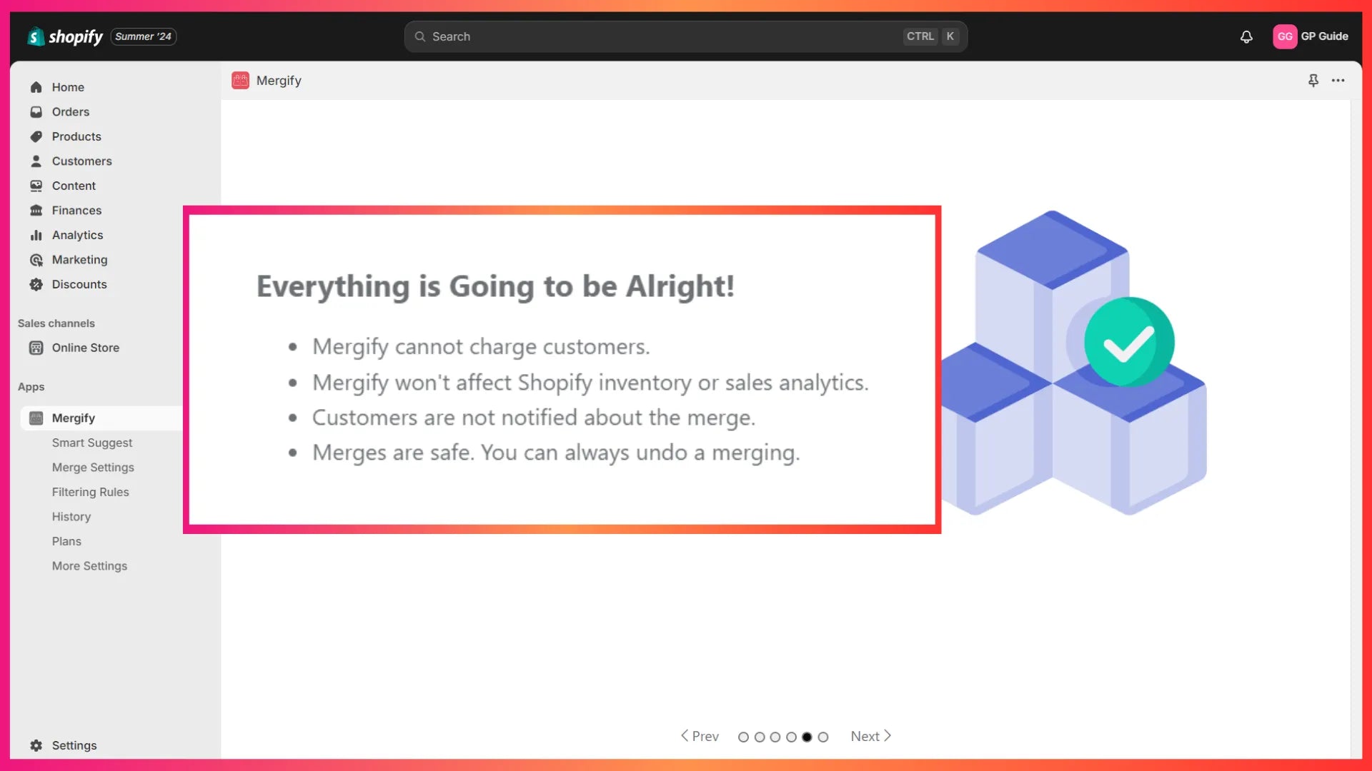 Shopify 管理中心中的 Mergify 应用入门流程