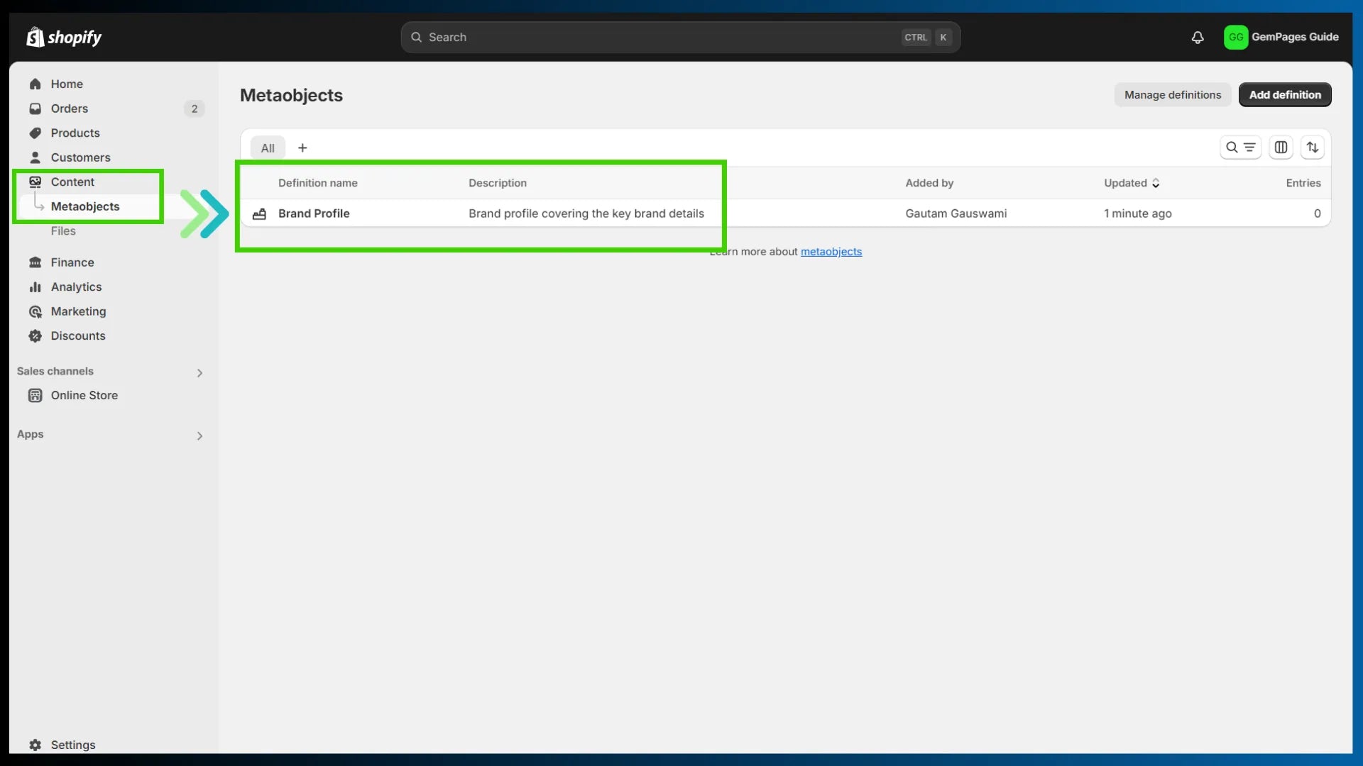 Content tab in Shopify admin
