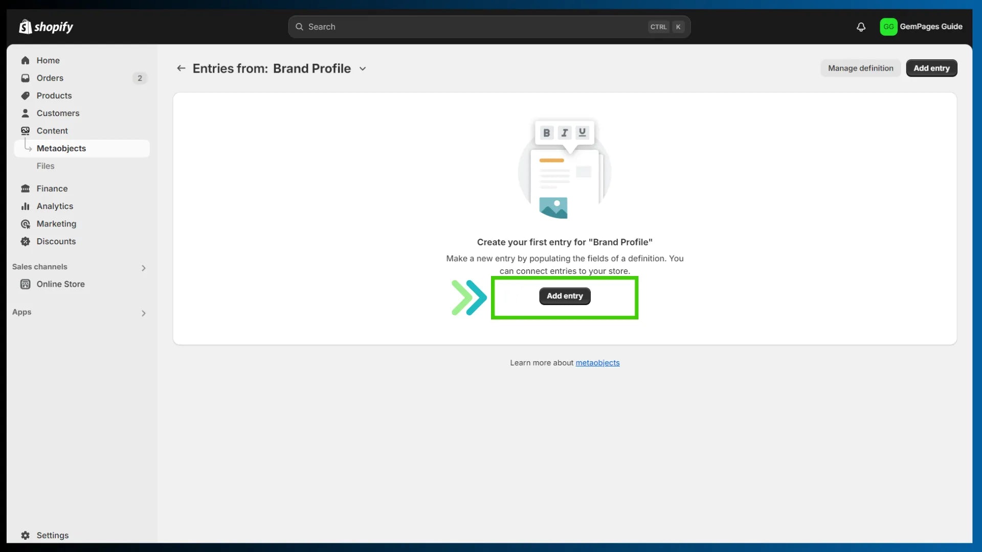 Metaobjects in Shopify admin