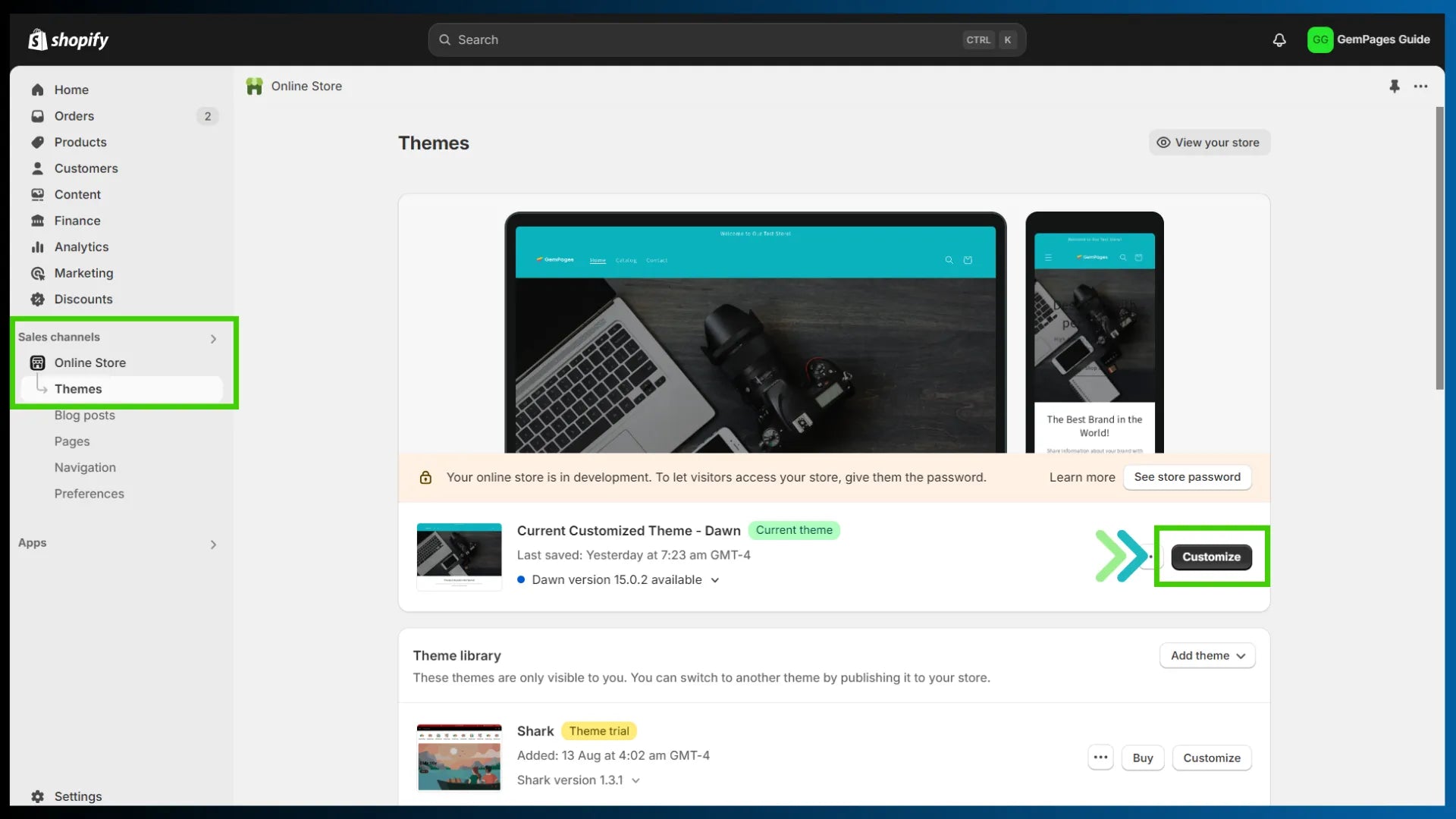Theme section in the Shopify admin