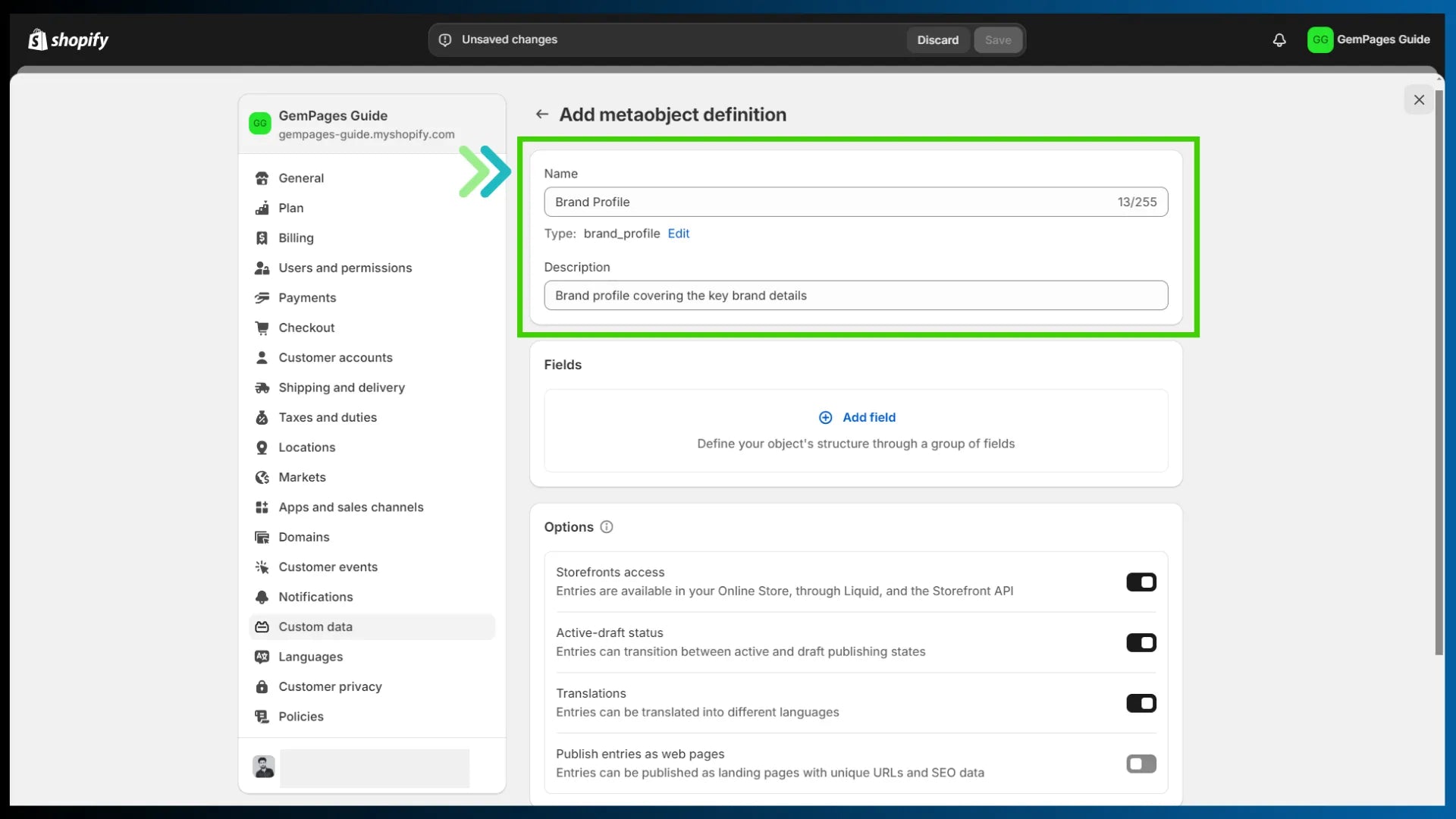 Shopify settings for metaobjects