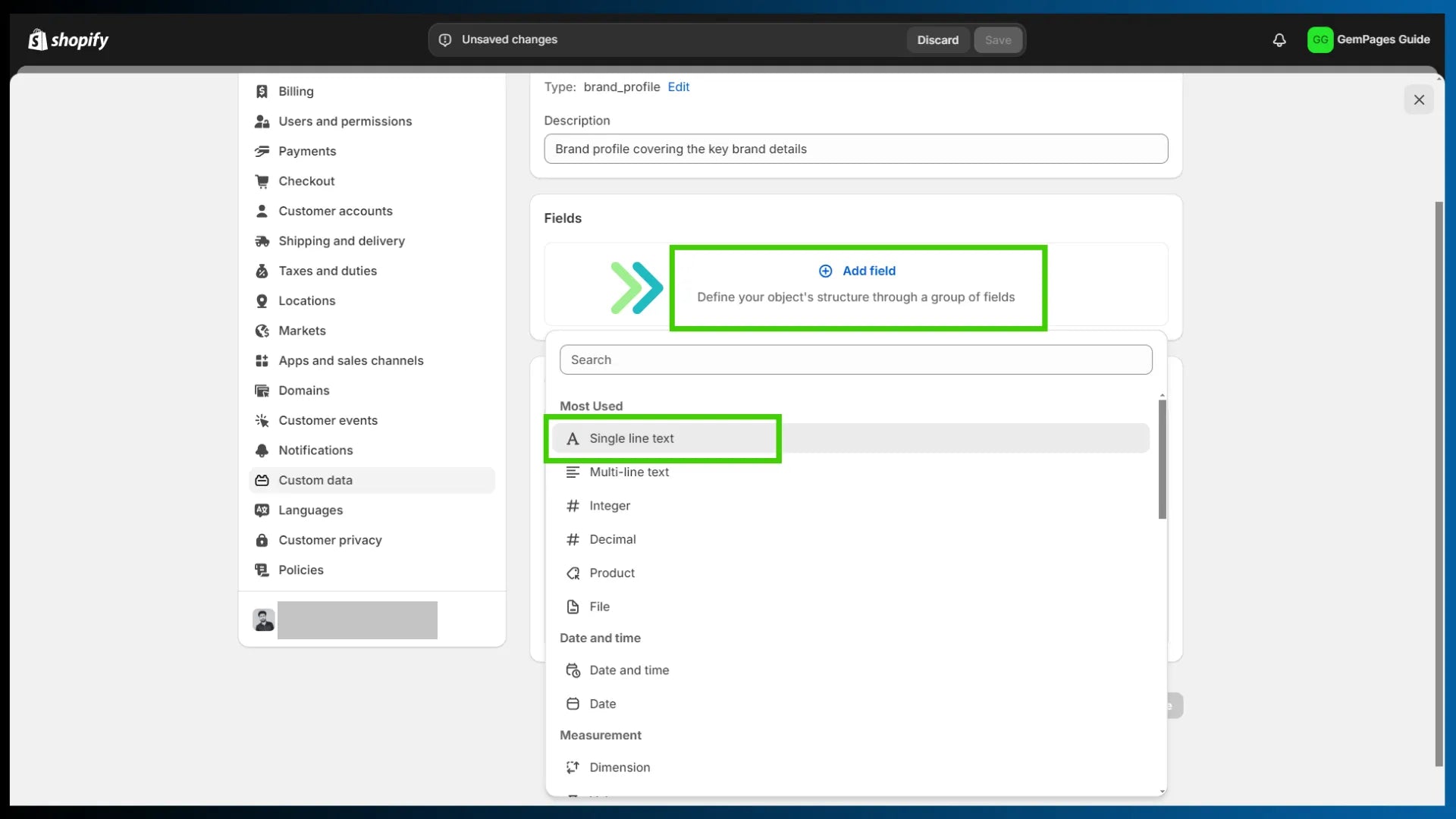 Shopify settings for metaobjects