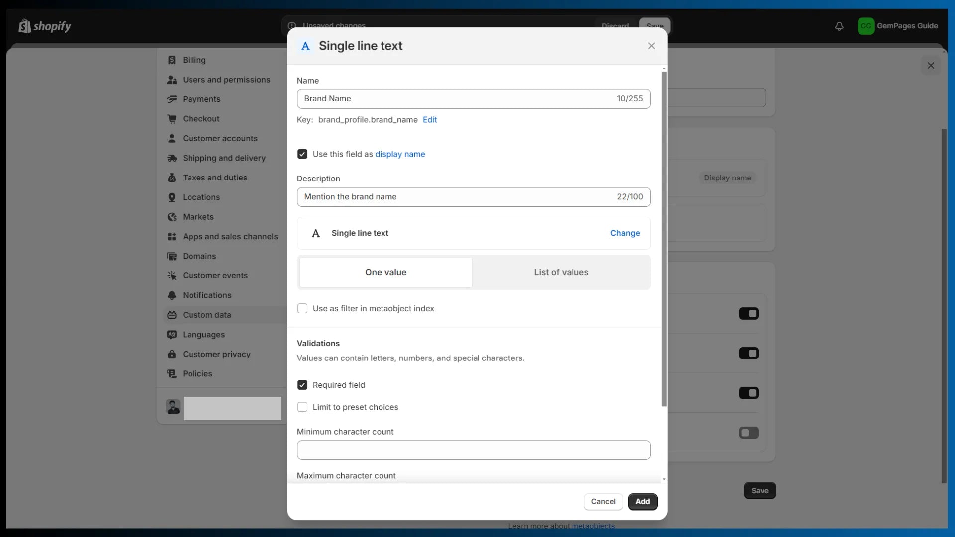 Shopify settings for metaobjects