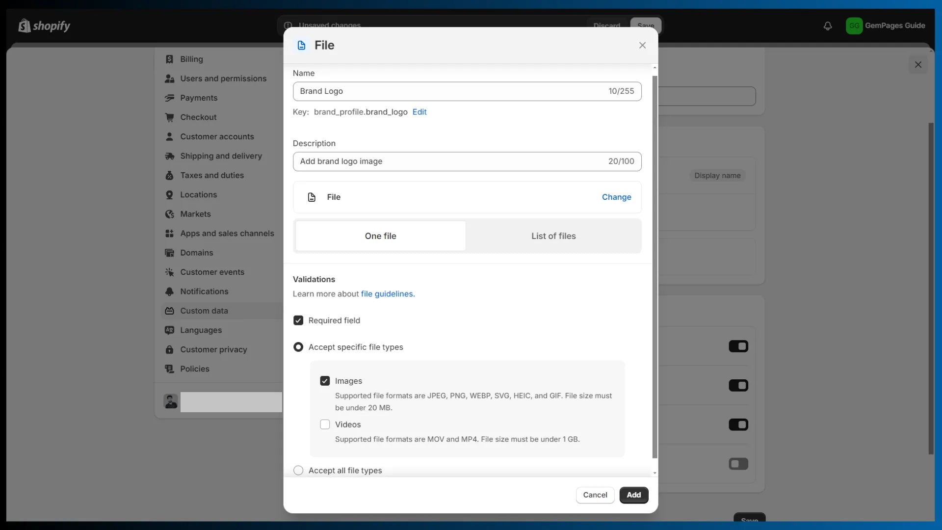 Shopify settings for metaobjects