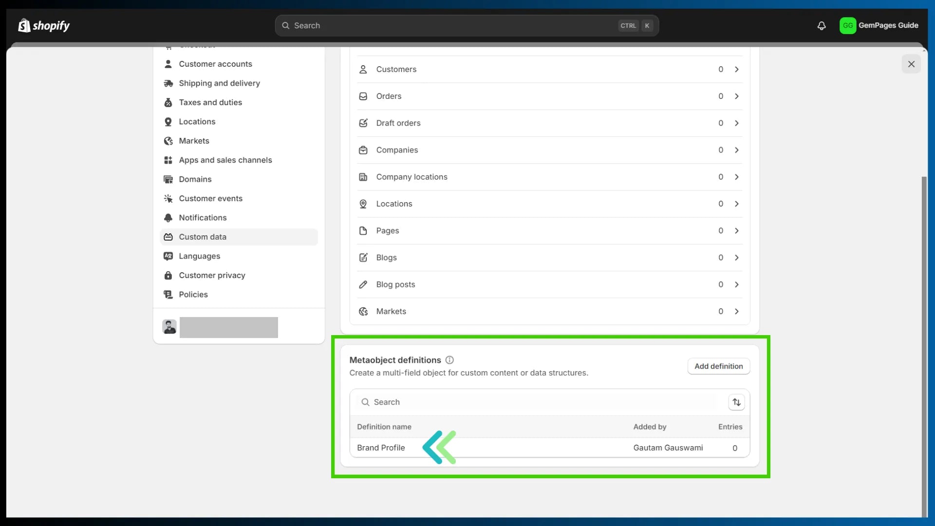 Shopify settings for metaobjects
