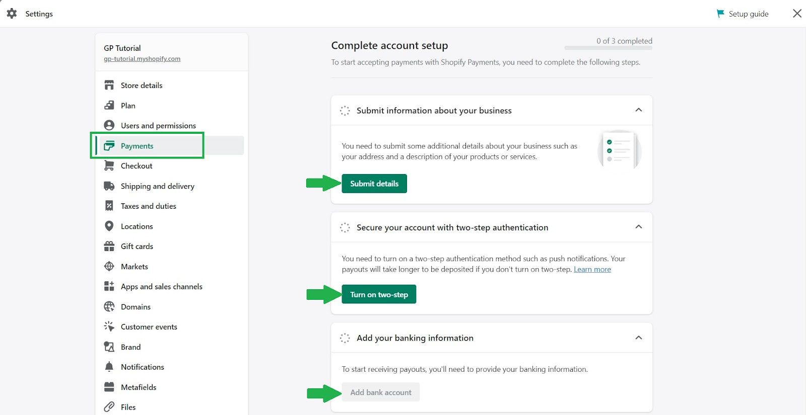 Shopify Payments account setup