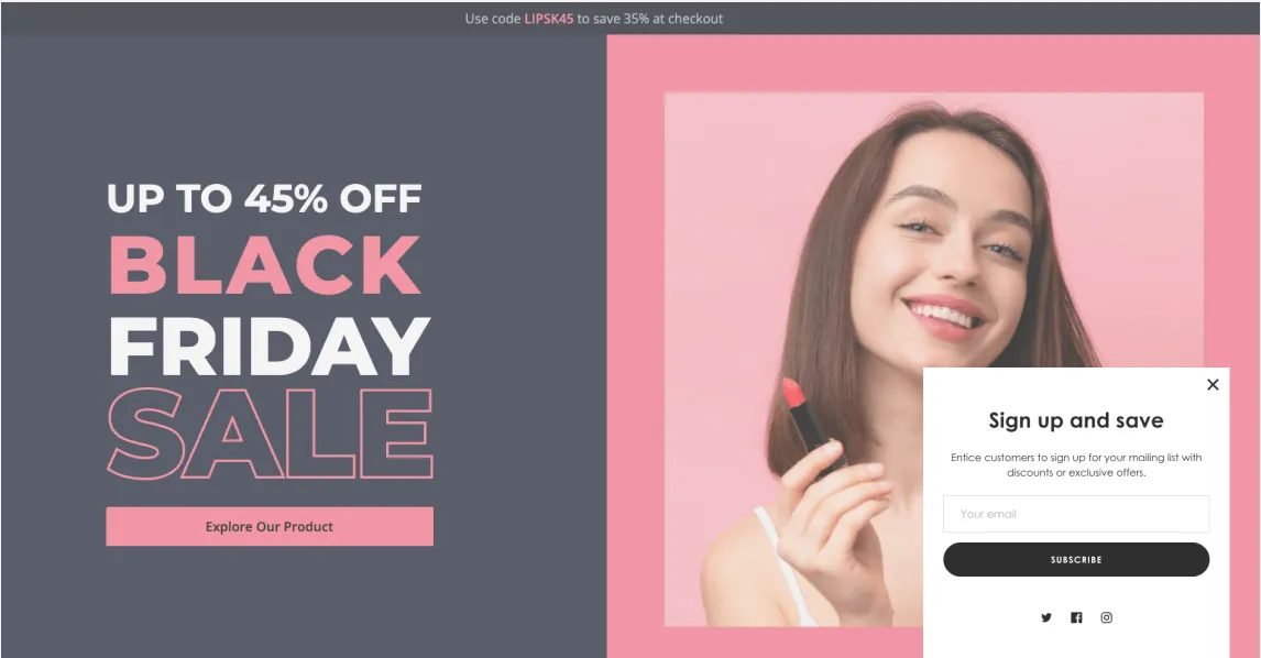 Shopify store pop-up example