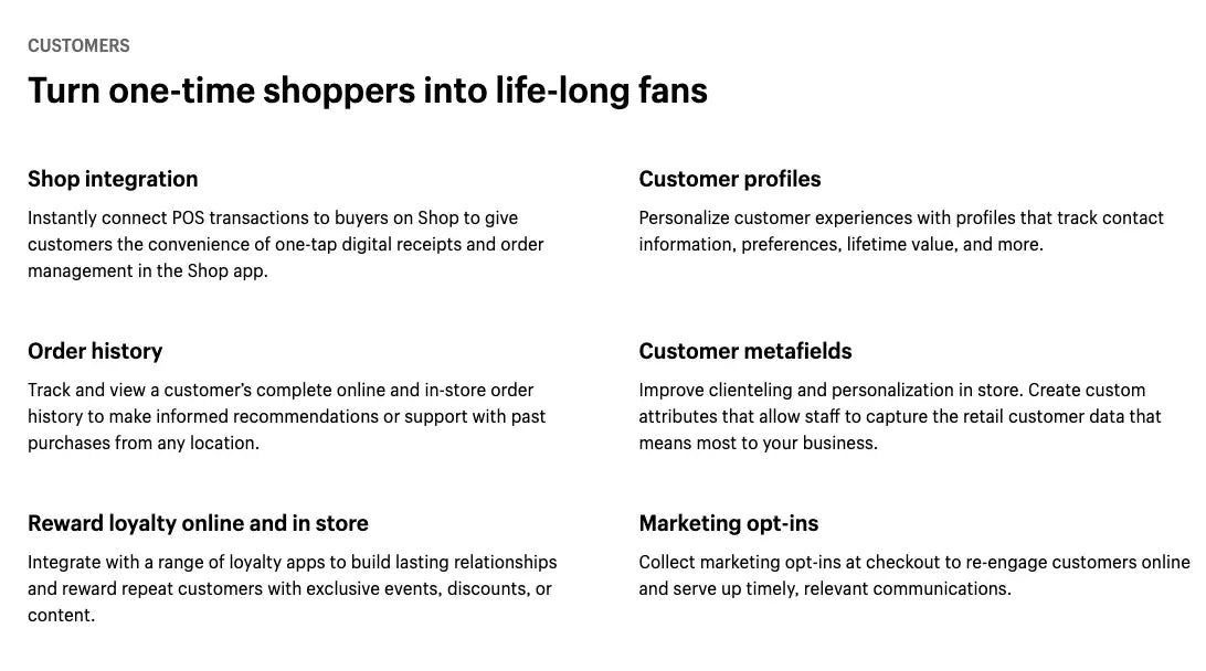 Funciones de interacción con el cliente de la aplicación Shopify POS