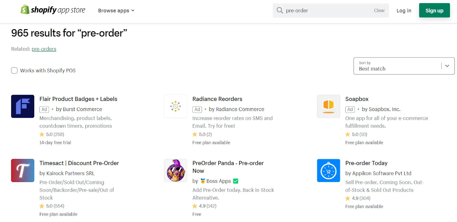 screenshot of the pre-order apps in the shopify app store