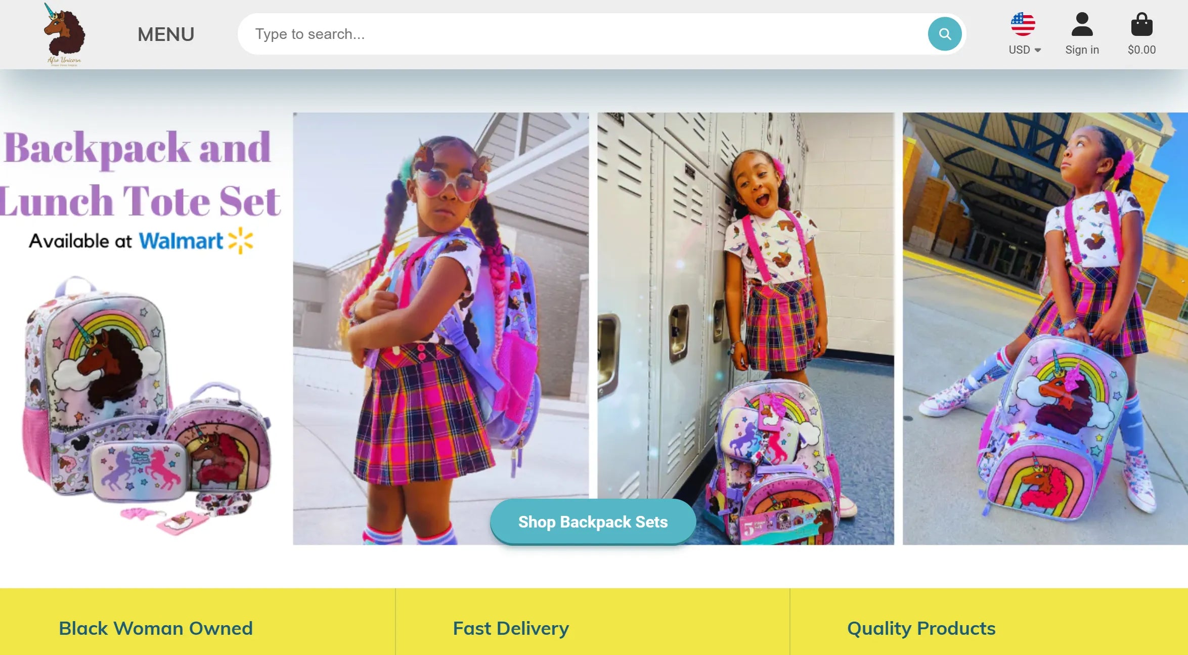 A black girl wearing a pleated skirt and a unicorn backpack