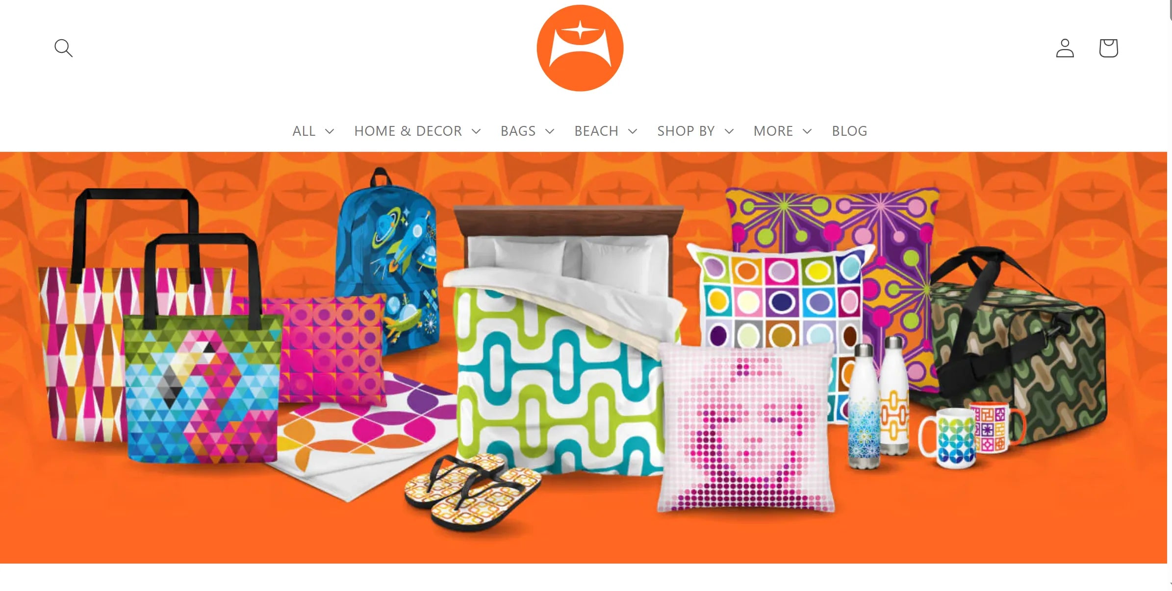 Various items including bags, bedsheets, pillows, and carpets in bright colors