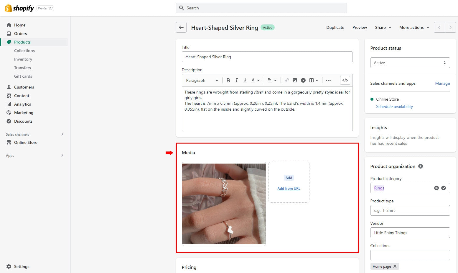 Screenshot of Shopify Product Details Page