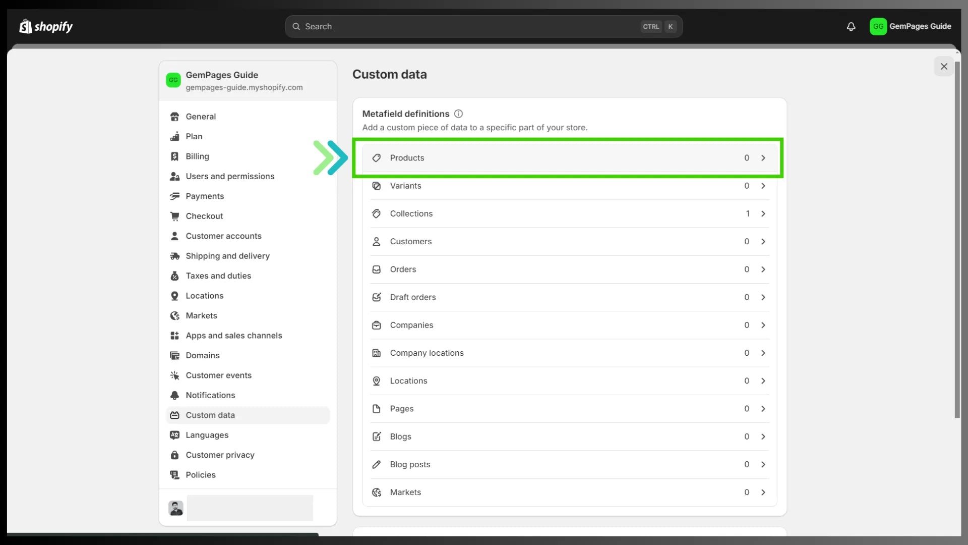 Products metafield in Shopify settings