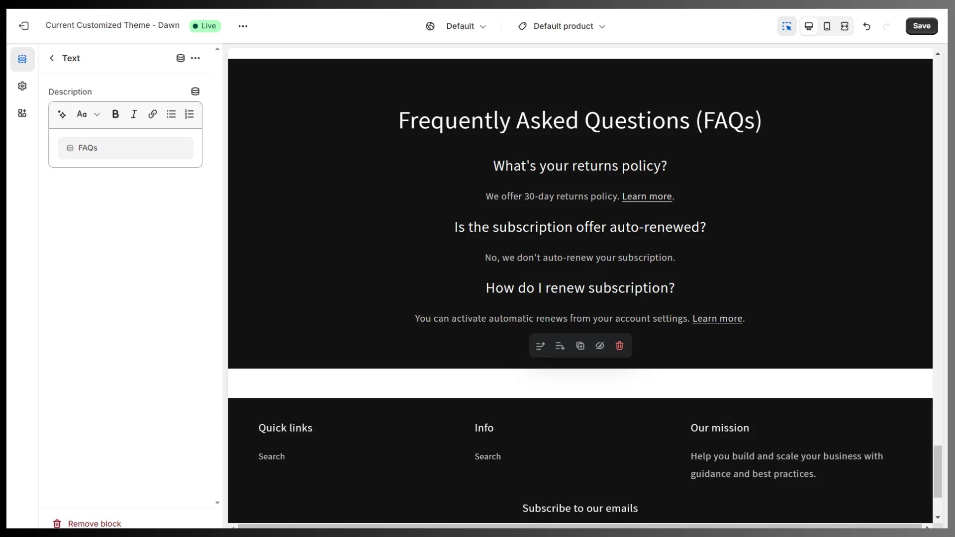 Shopify theme editor