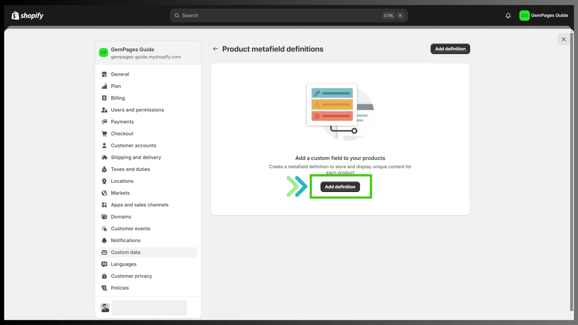 Product metafield setting in Shopify admin