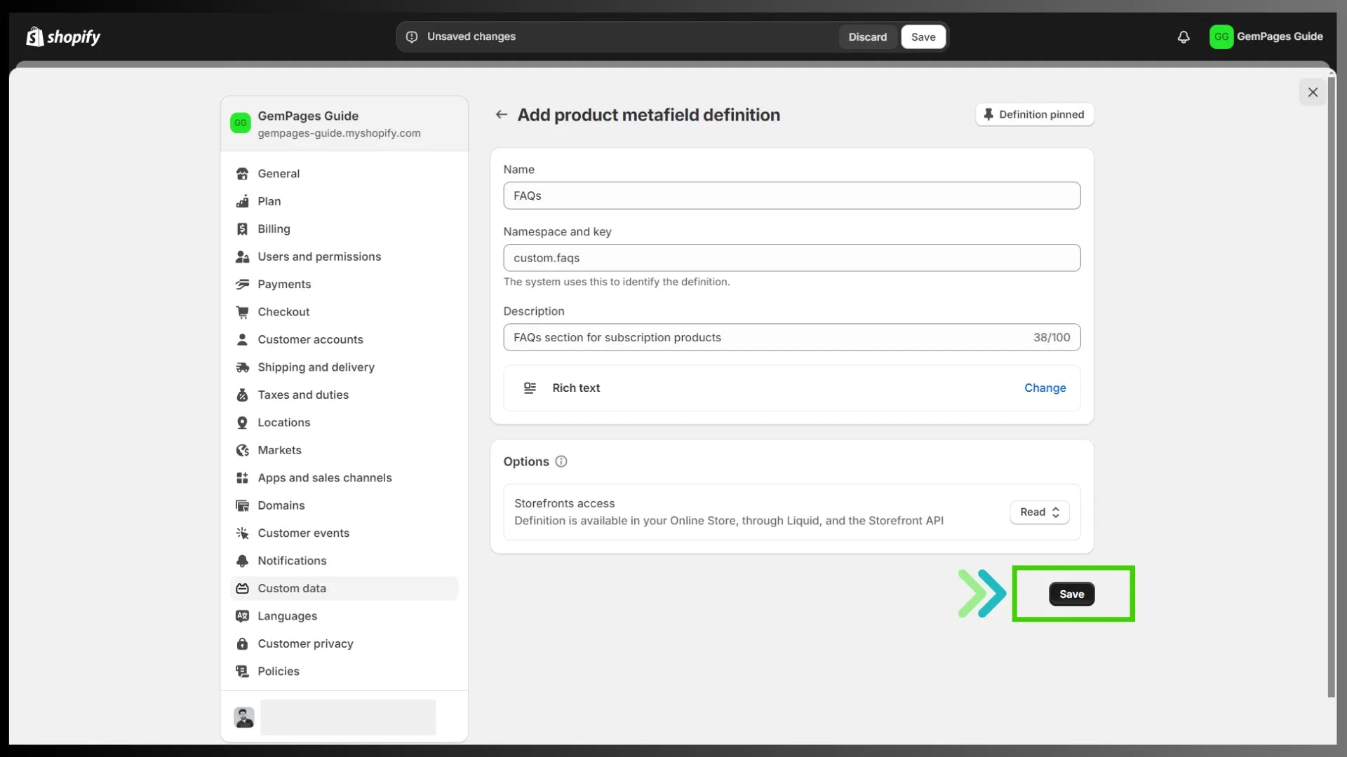Product metafield setting in Shopify admin