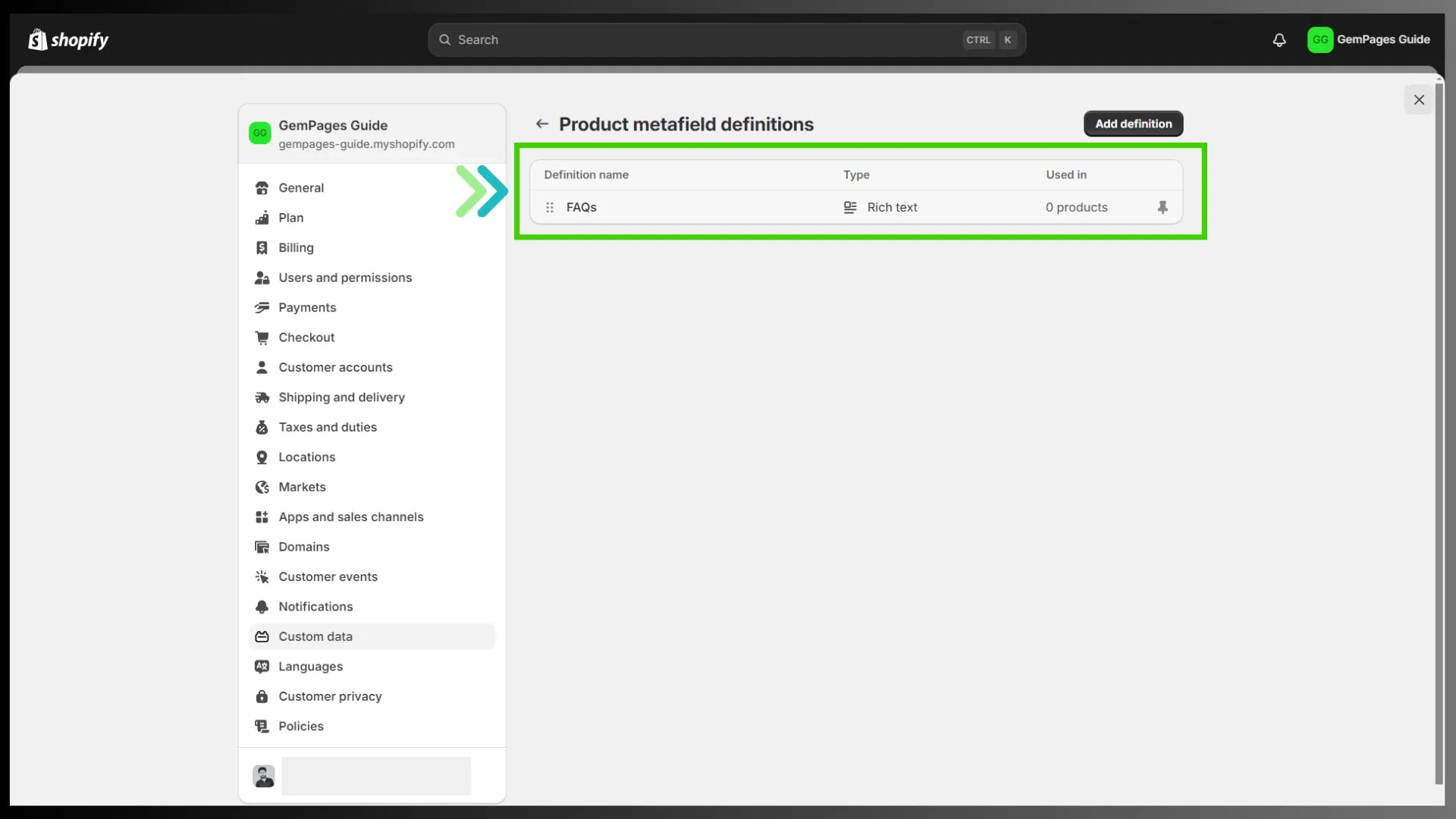 Product metafield setting in Shopify admin