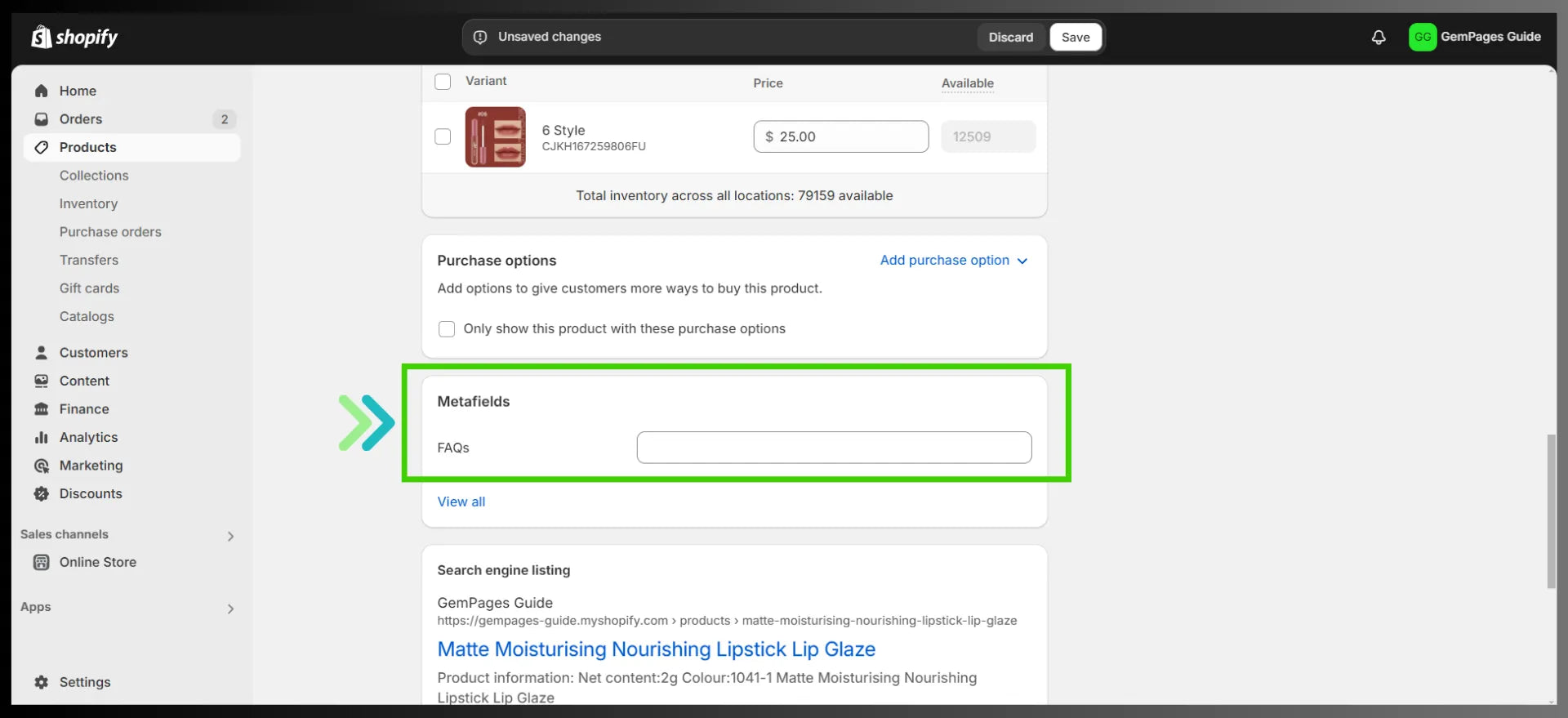 Metafields section on a Shopify product page