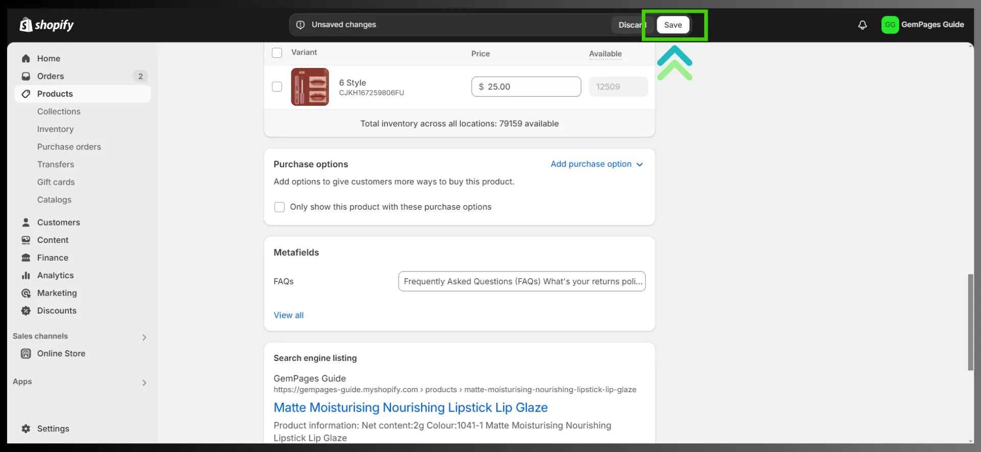 Metafields section on a Shopify product page