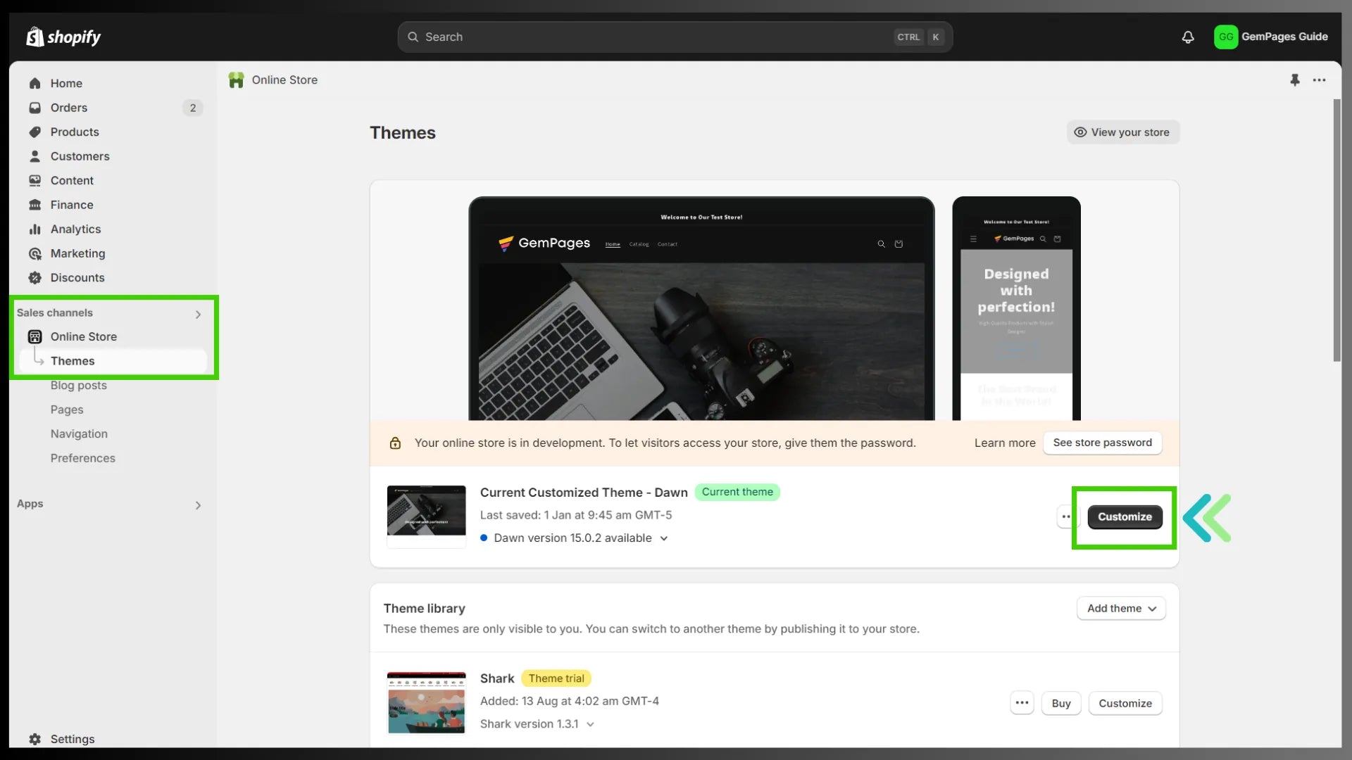 Theme settings in Shopify admin