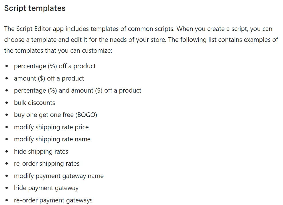 Captura de pantalla de las plantillas de script de Shopify.
