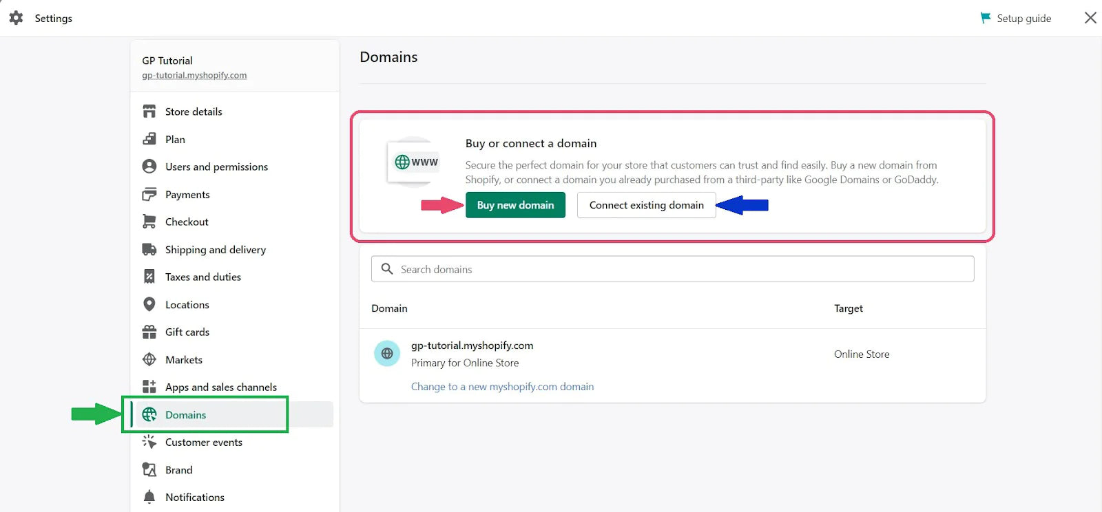 Shopify domains setting