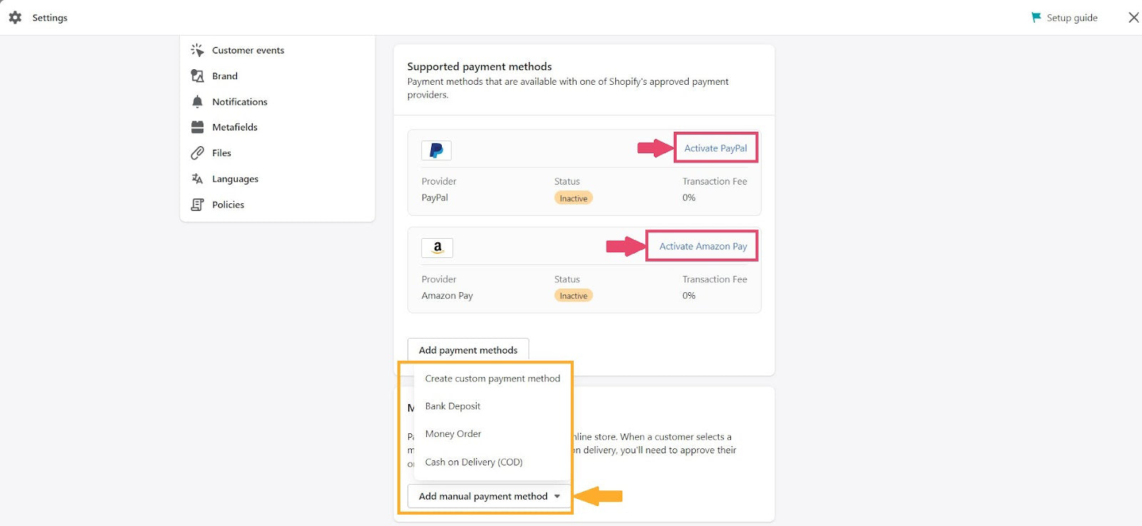 Shopify settings for payments
